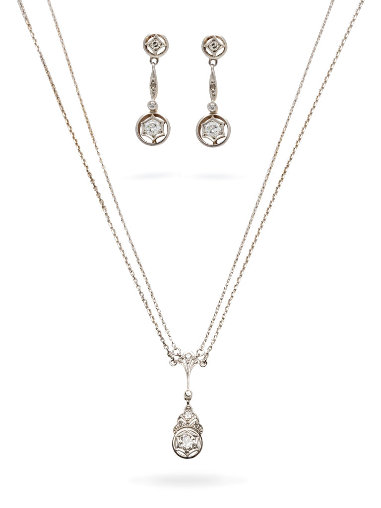 14k Weißgold Jugendstil Set Ohrringe/ Halskette  mit Diamanten