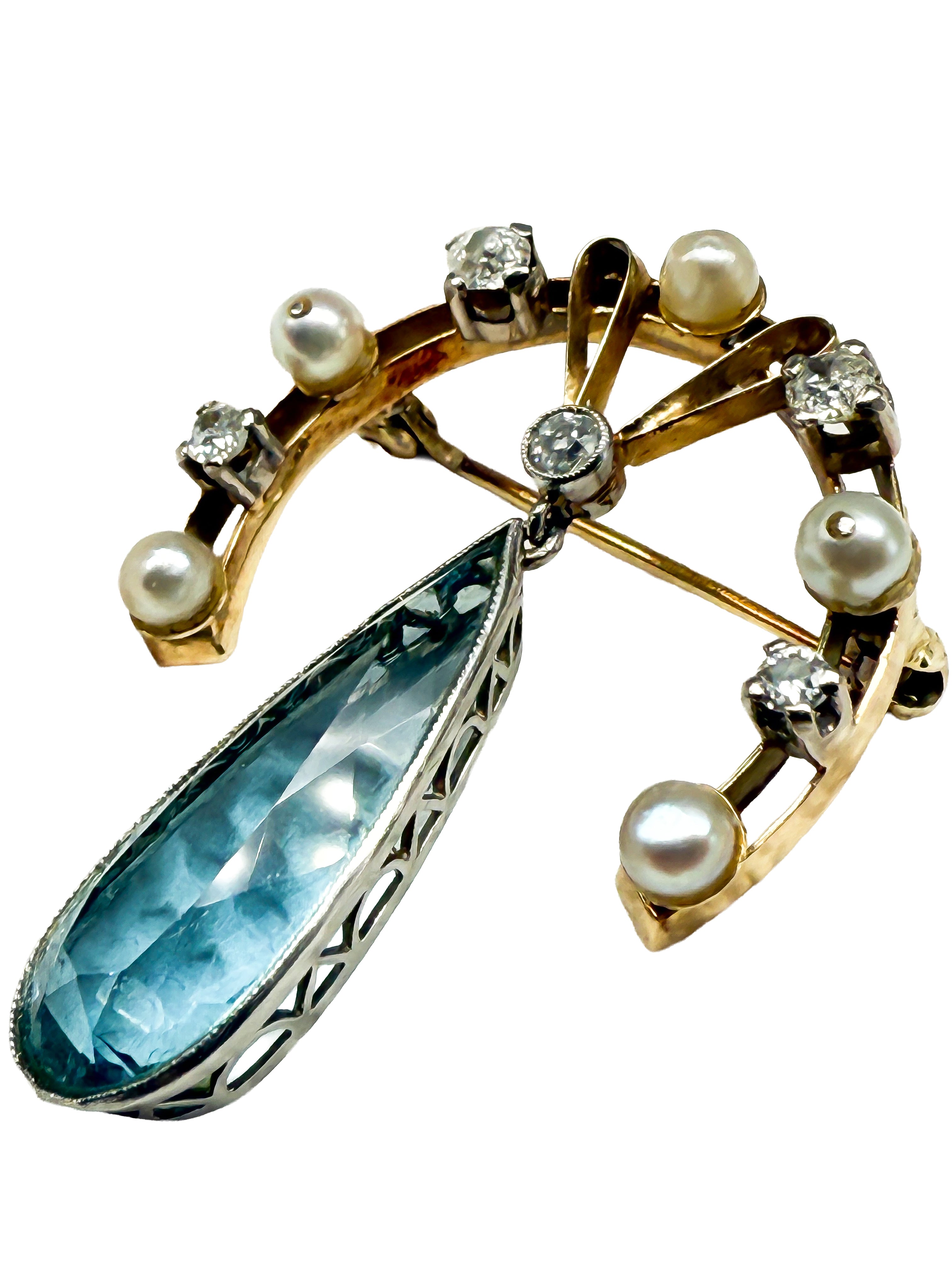 585er Gelbgold Jugendstil Brosche mit Aquamarin, Perlen und Diamanten