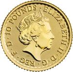 Laden Sie das Bild in den Galerie-Viewer, 10 Pounds Elizabeth II 1/10 oz Britannia 2022 Goldmünze
