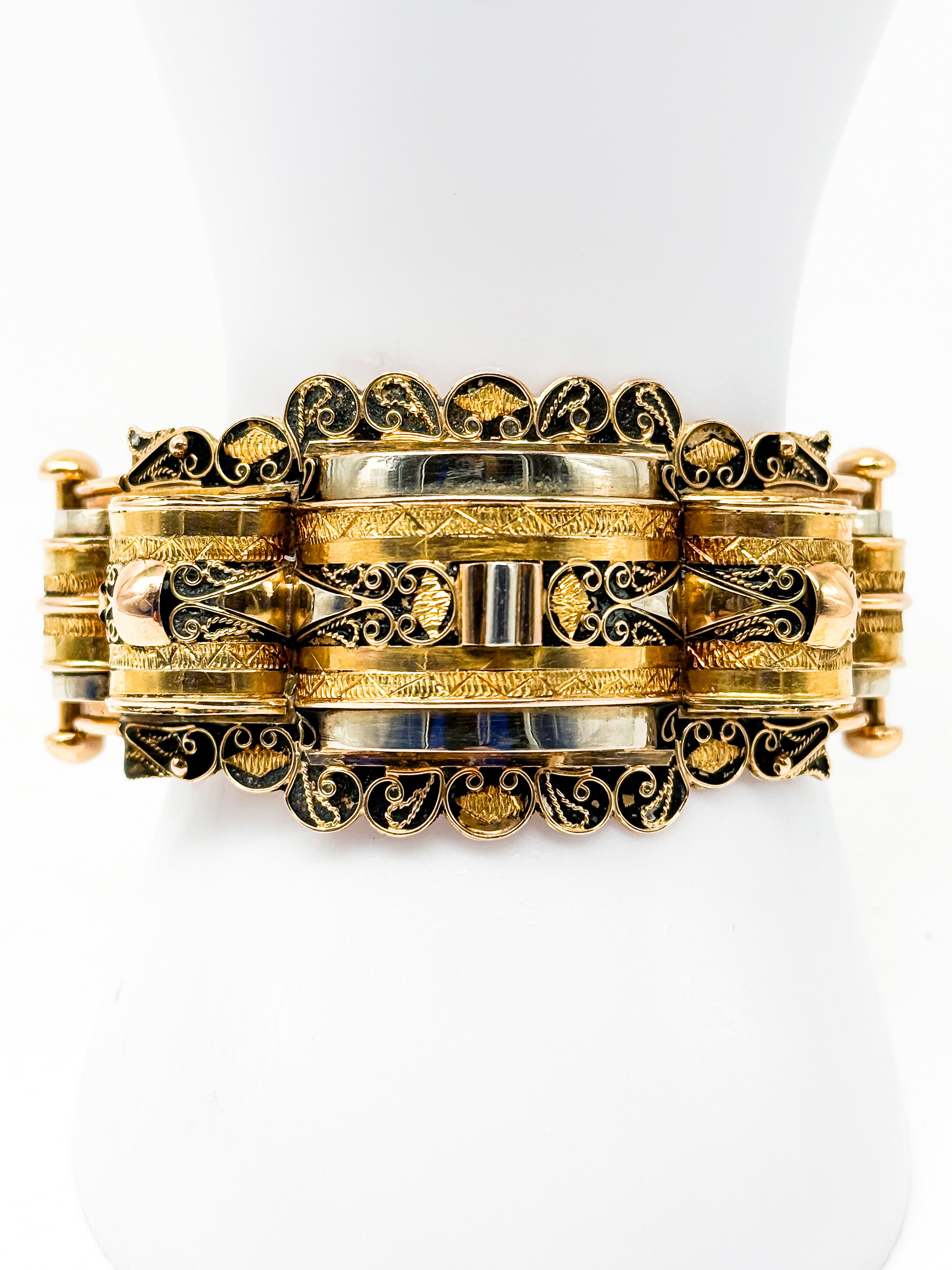 750er Gelbgold Armband, viktorianische Zeit, schwarze Email, 1850-1880