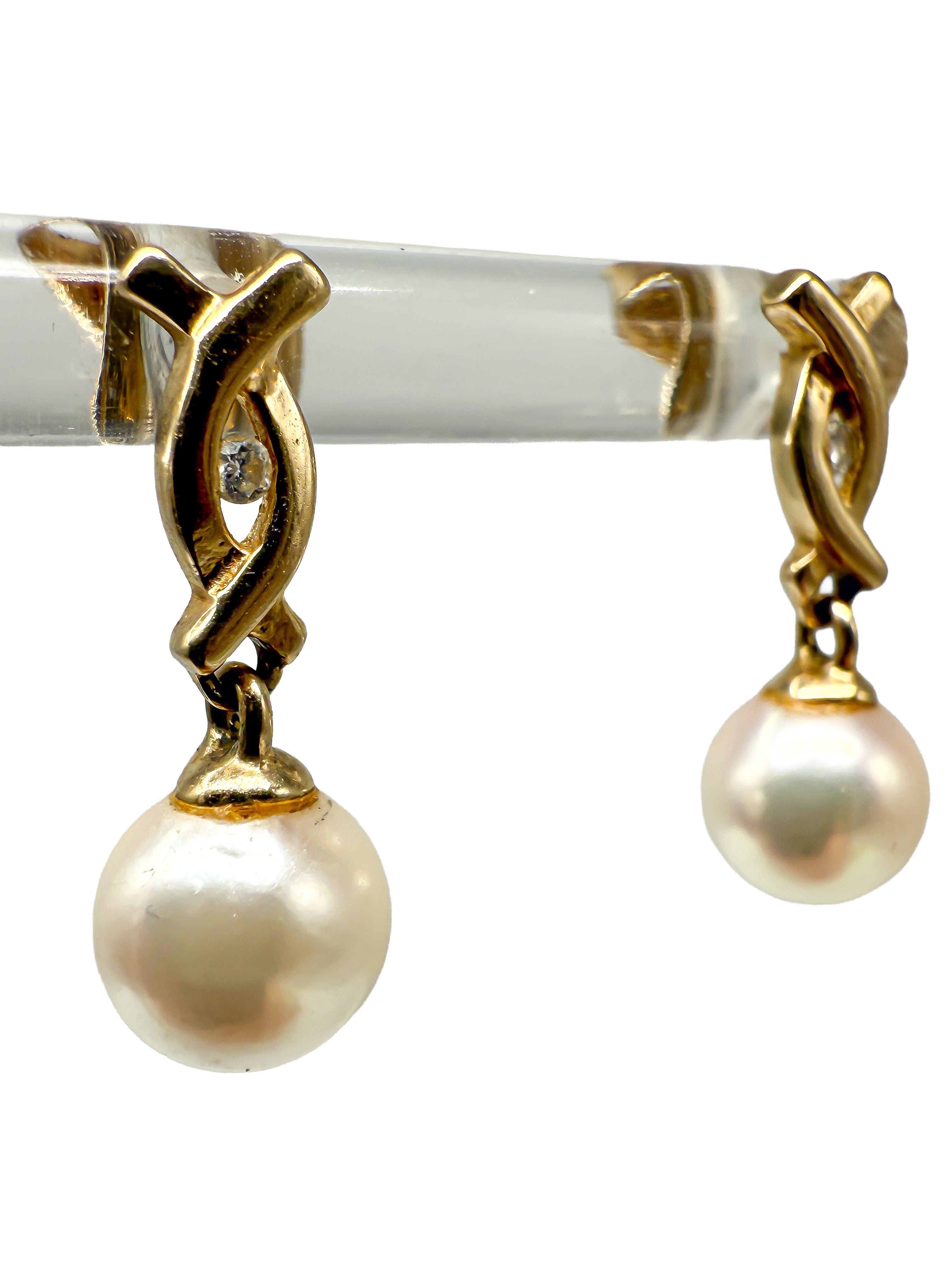 585er Gelbgold Ohrringe mit Perlen und kleinen Diamanten