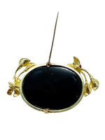 Laden Sie das Bild in den Galerie-Viewer, Kamee Brosche mit Onyx, 750er Gelbgold, Mit Samphir, Rubin und Smaragd
