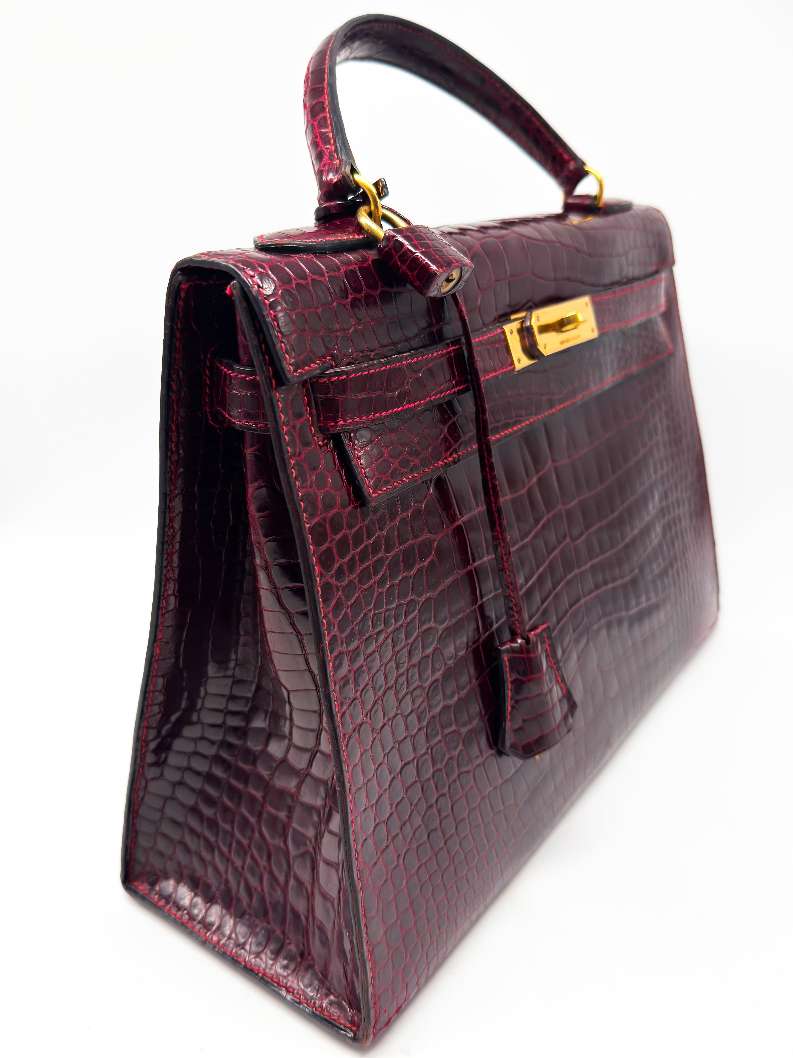 Hermes Kelly 32 Sellier Rouge H / Bordeaux hochglanz-Krokodilleder