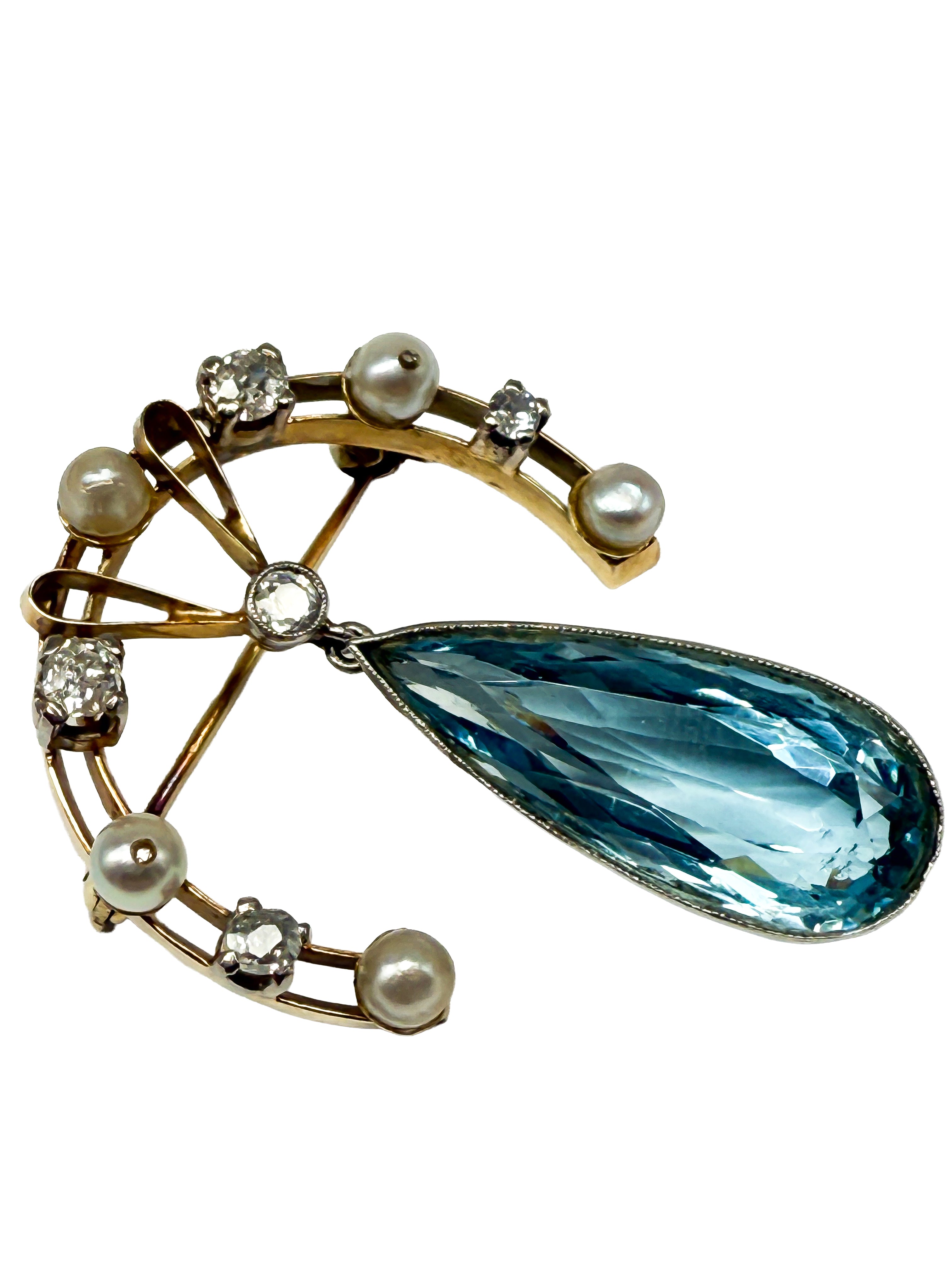 585er Gelbgold Jugendstil Brosche mit Aquamarin, Perlen und Diamanten