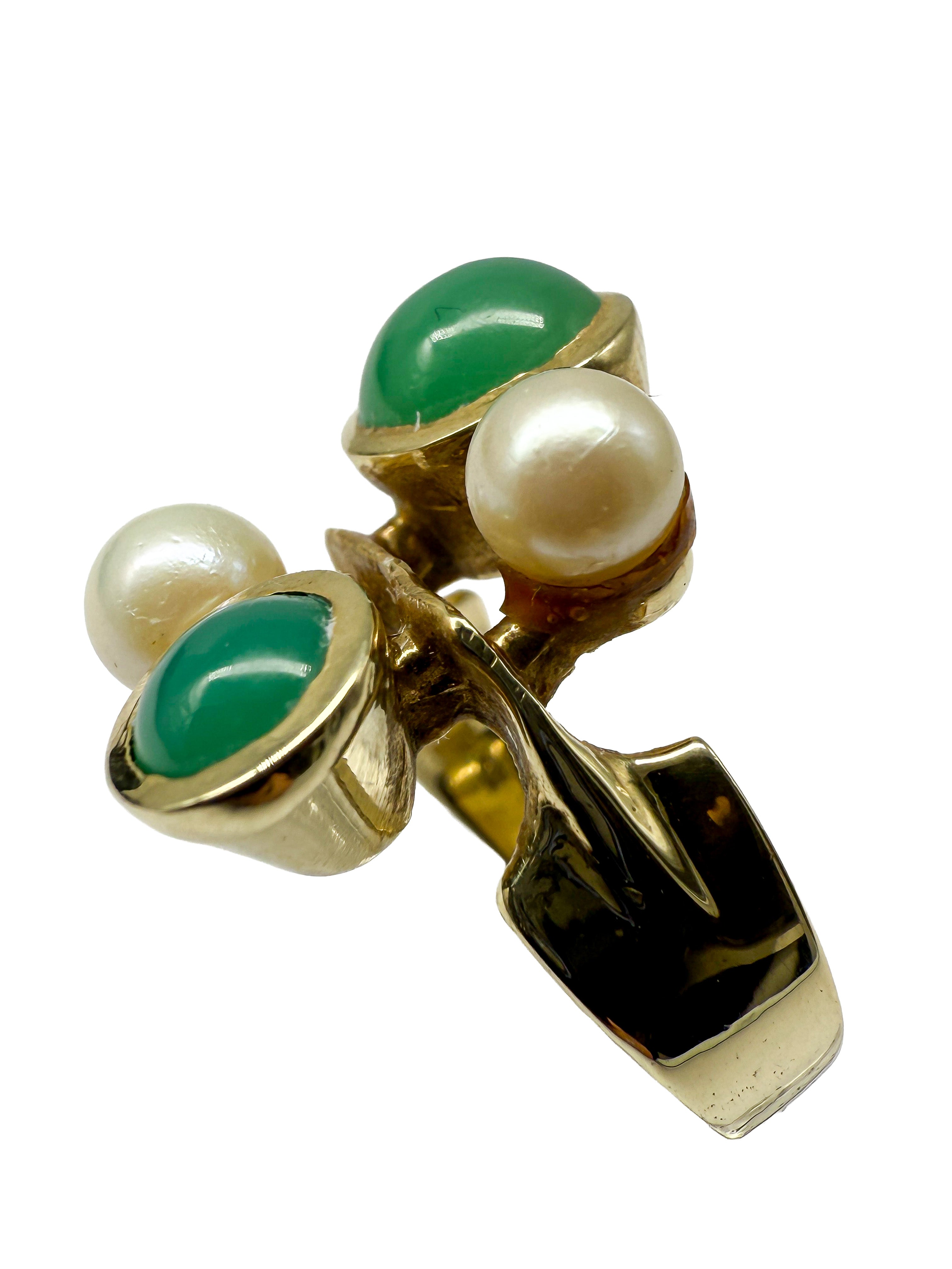 585er Gelbgold Ring mit Perlen und Jade
