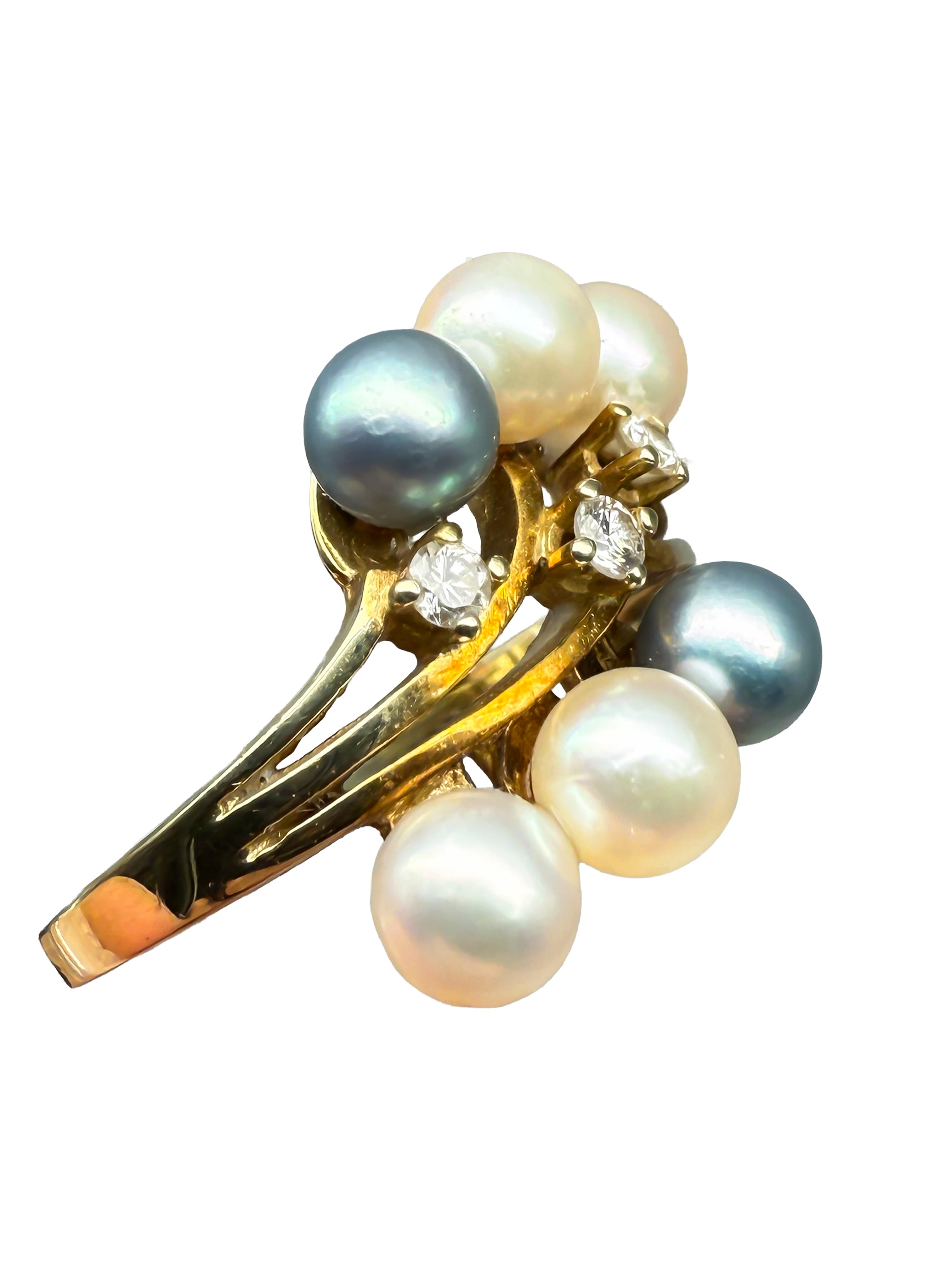 585er Gelbgold Ring mit Perlen und Diamanten