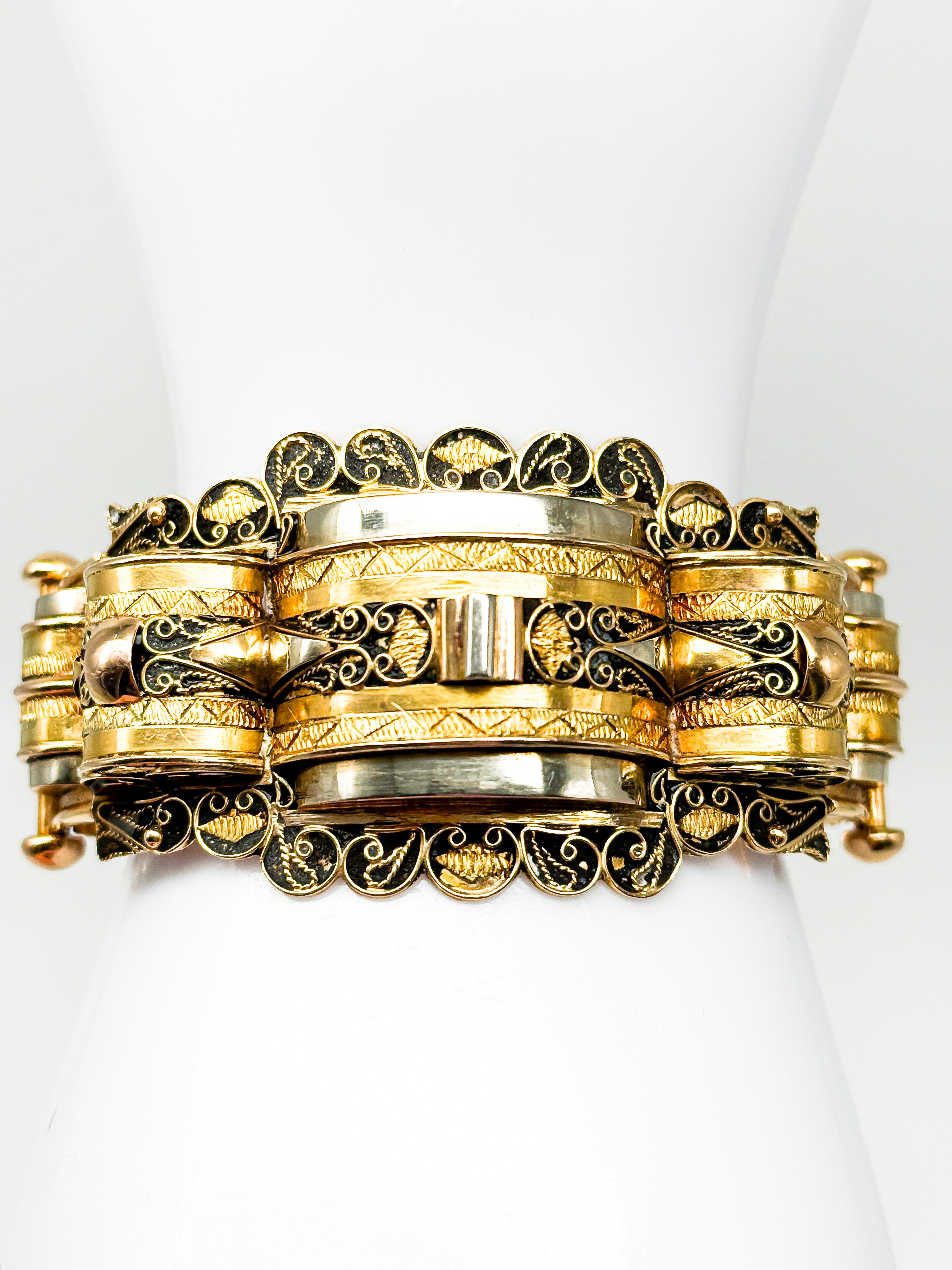750er Gelbgold Armband, viktorianische Zeit, schwarze Email, 1850-1880