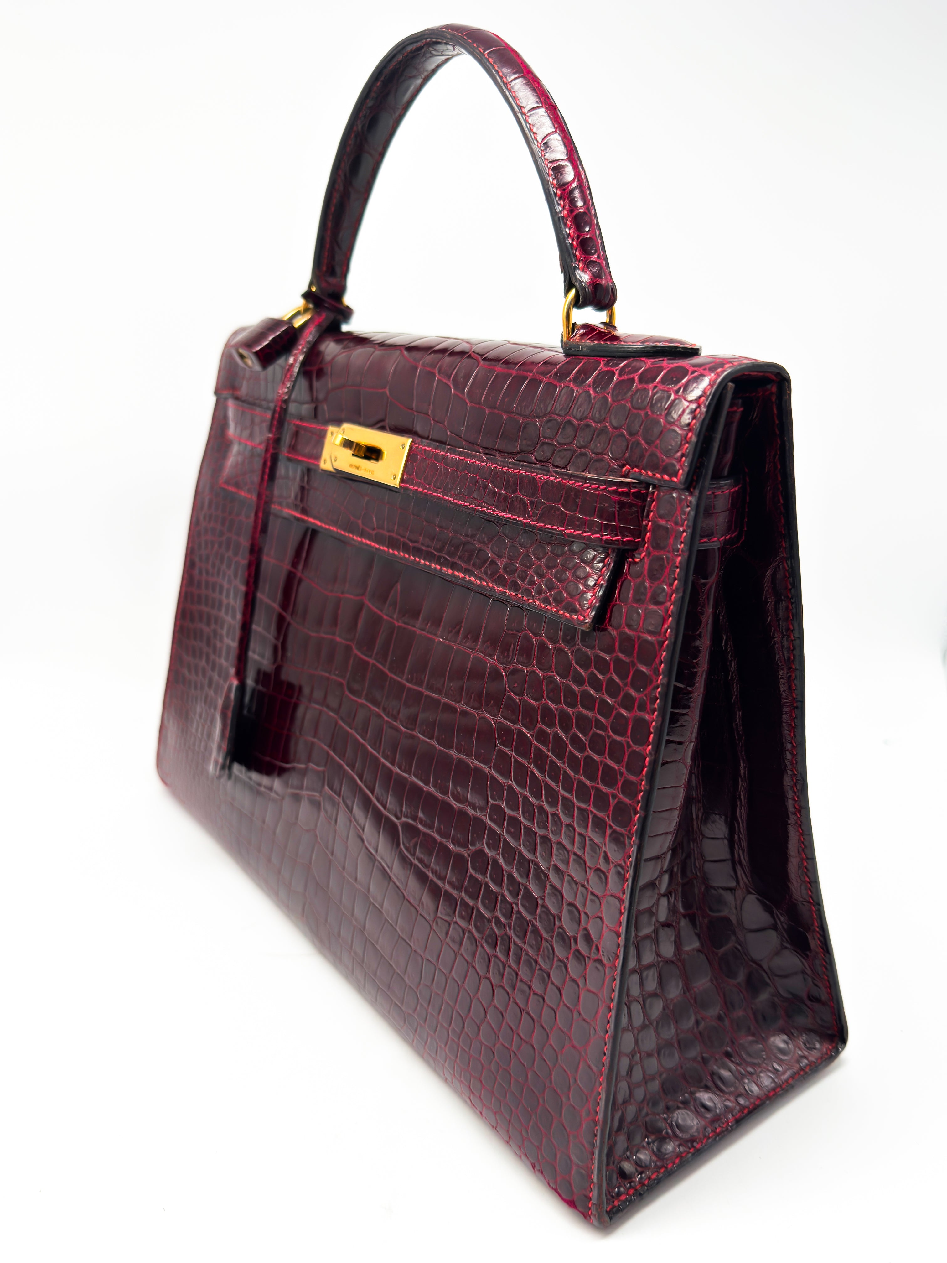 Hermes Kelly 32 Sellier Rouge H / Bordeaux hochglanz-Krokodilleder