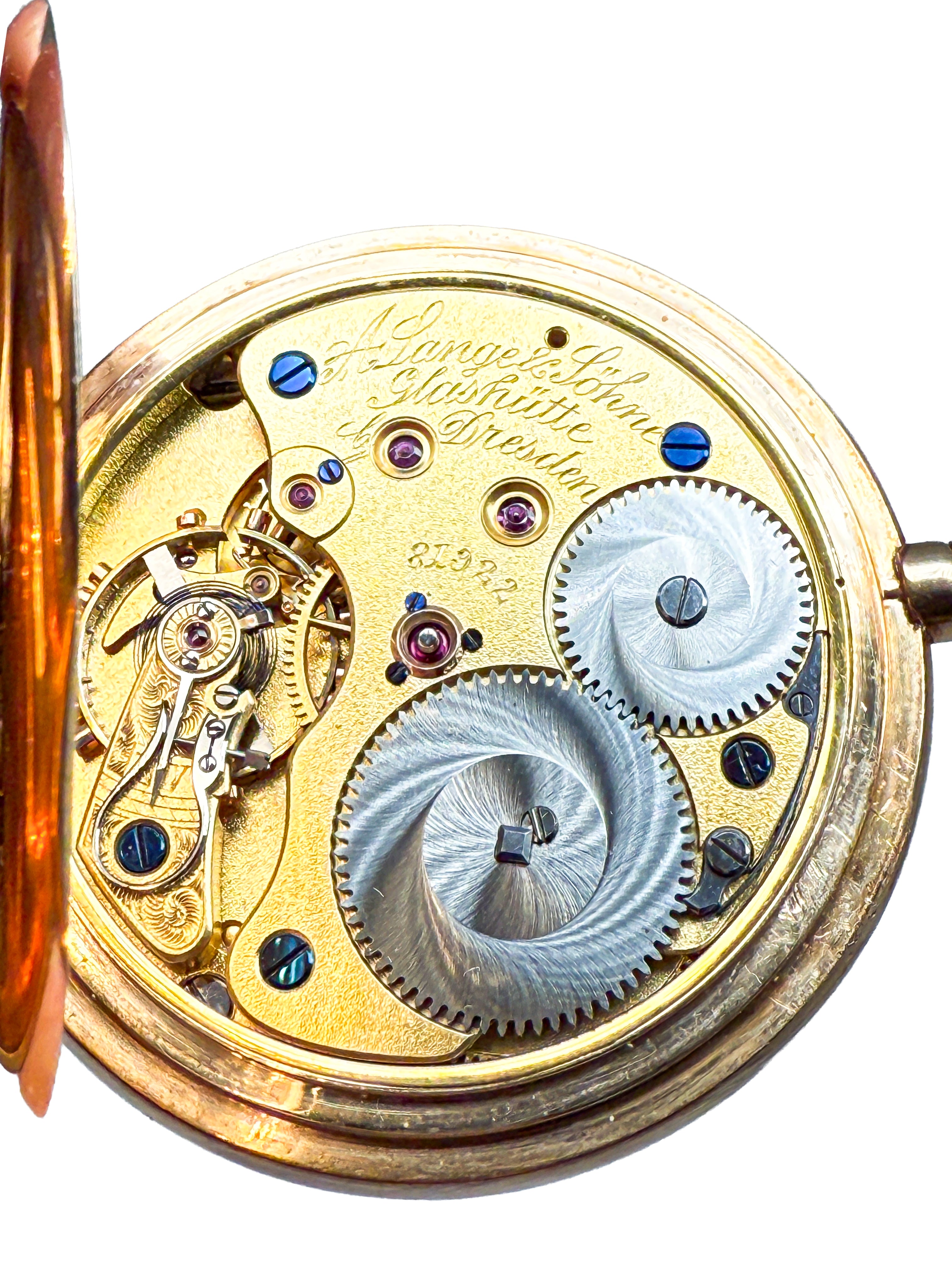 Lang & Söhne Taschenuhr Gold 14k mit Archivauszug, 1920 Verkaufsdatum