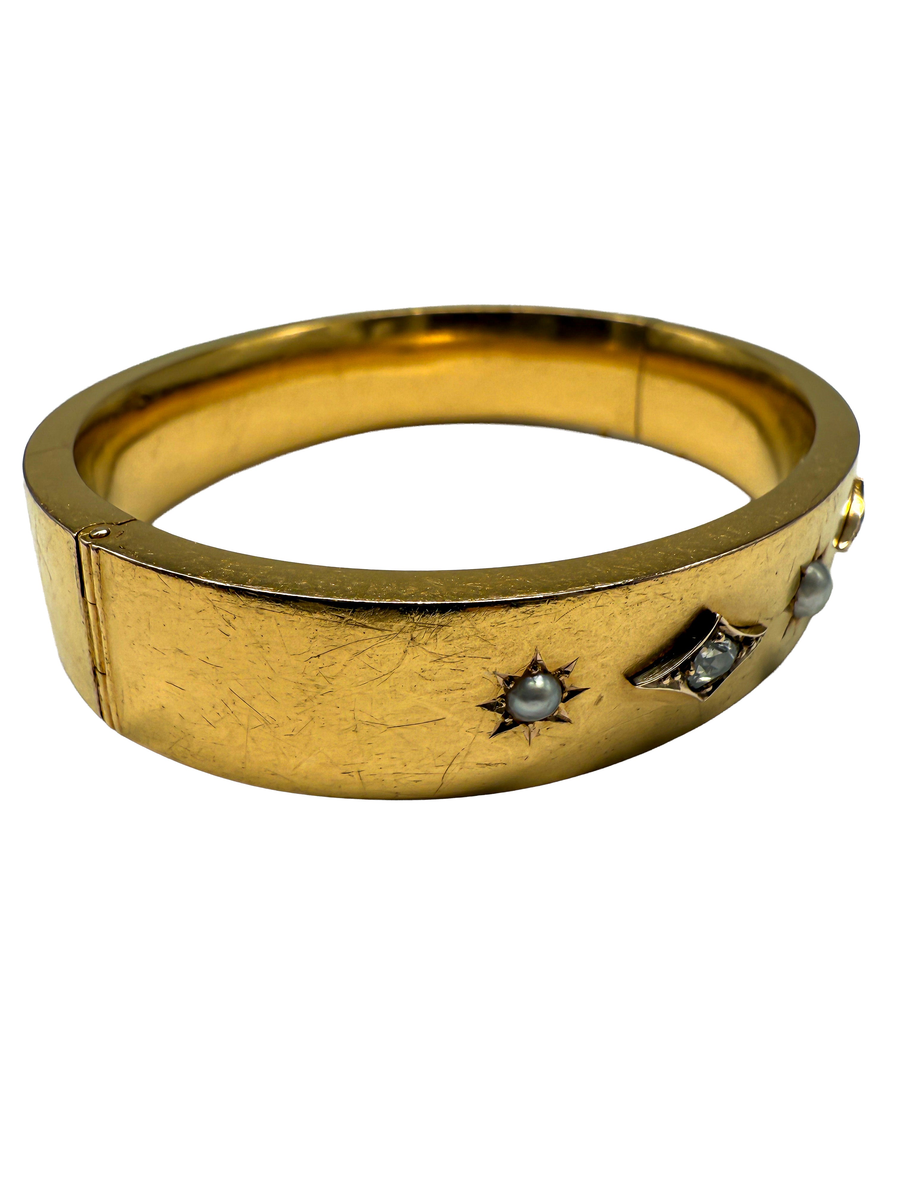 Historismus, Gelbgoldarmreif 23K mit Diamanten und Perlen