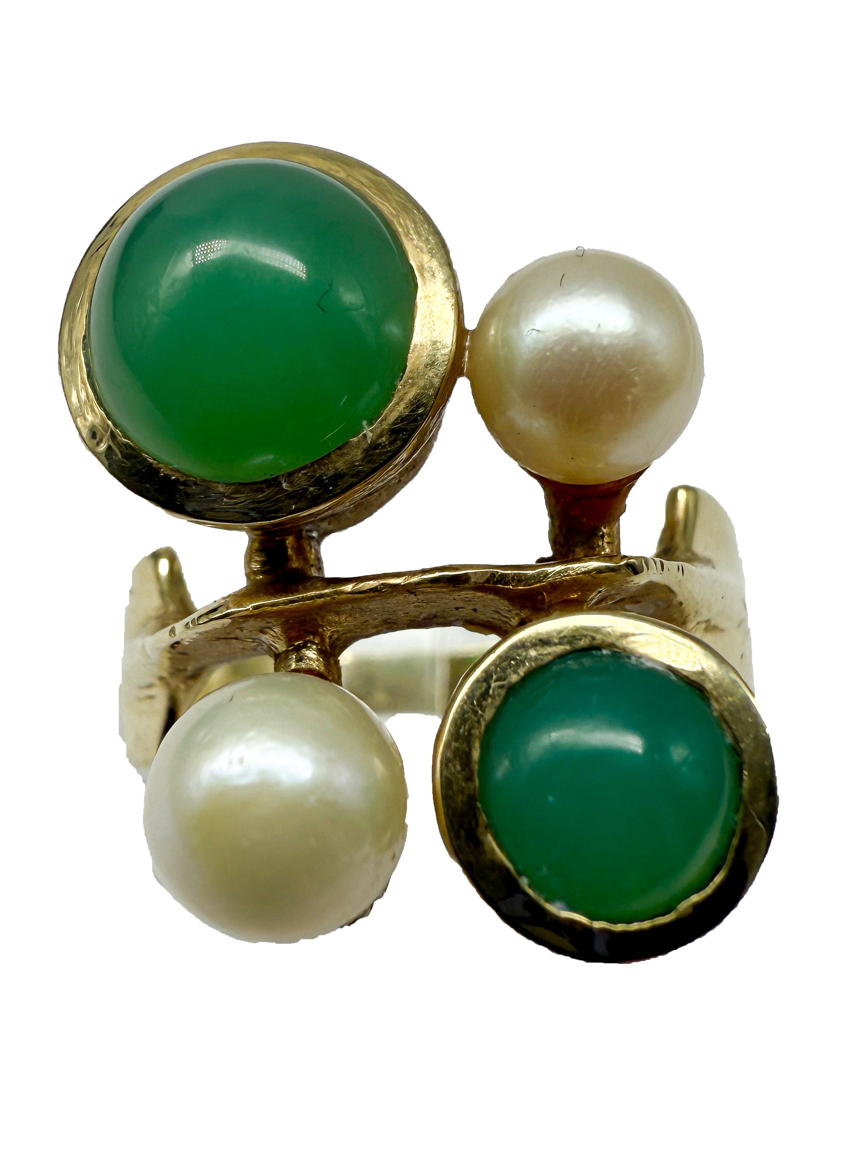 585er Gelbgold Ring mit Perlen und Jade