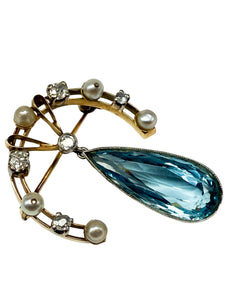 585er Gelbgold Jugendstil Brosche mit Aquamarin, Perlen und Diamanten