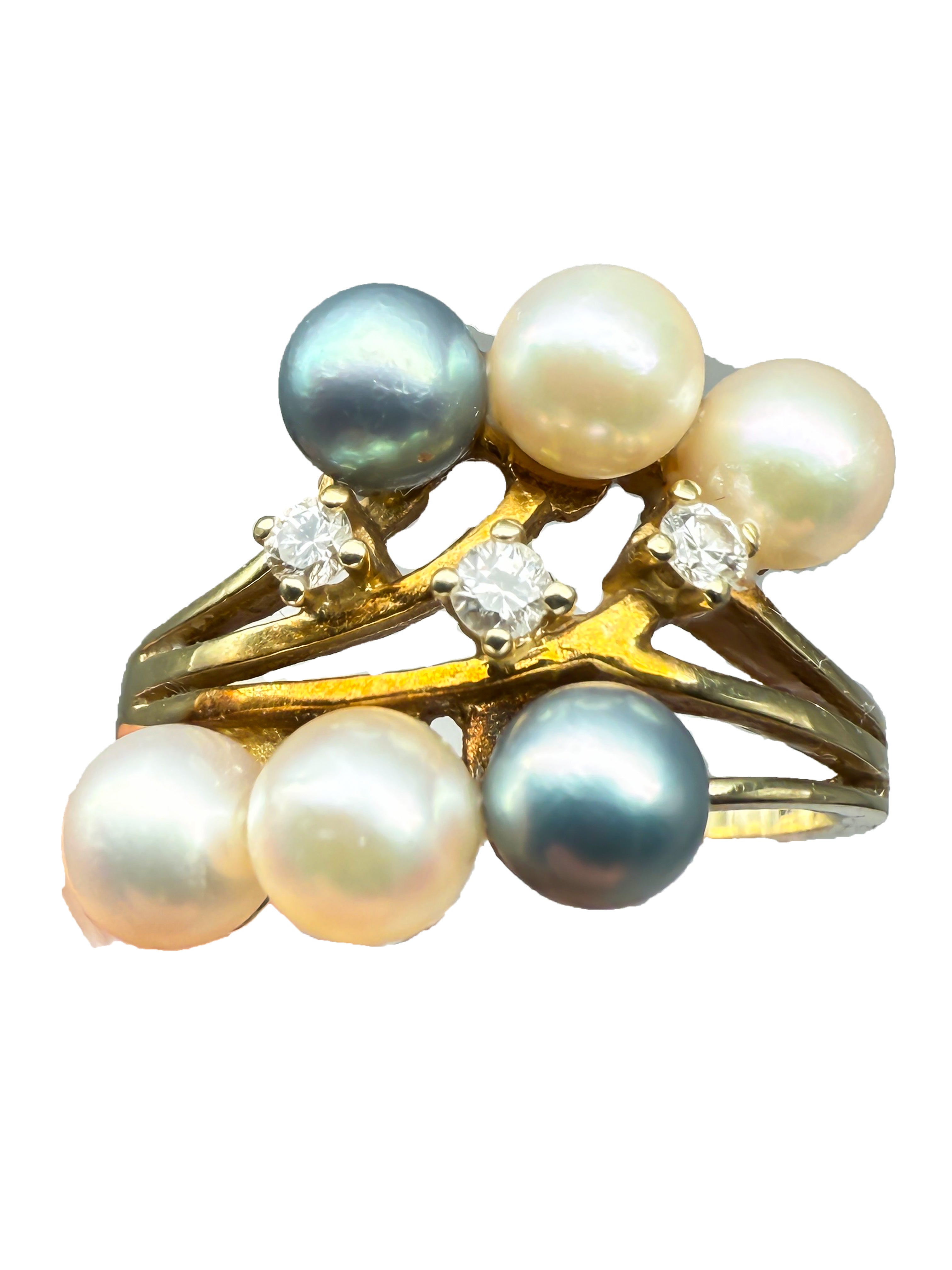 585er Gelbgold Ring mit Perlen und Diamanten