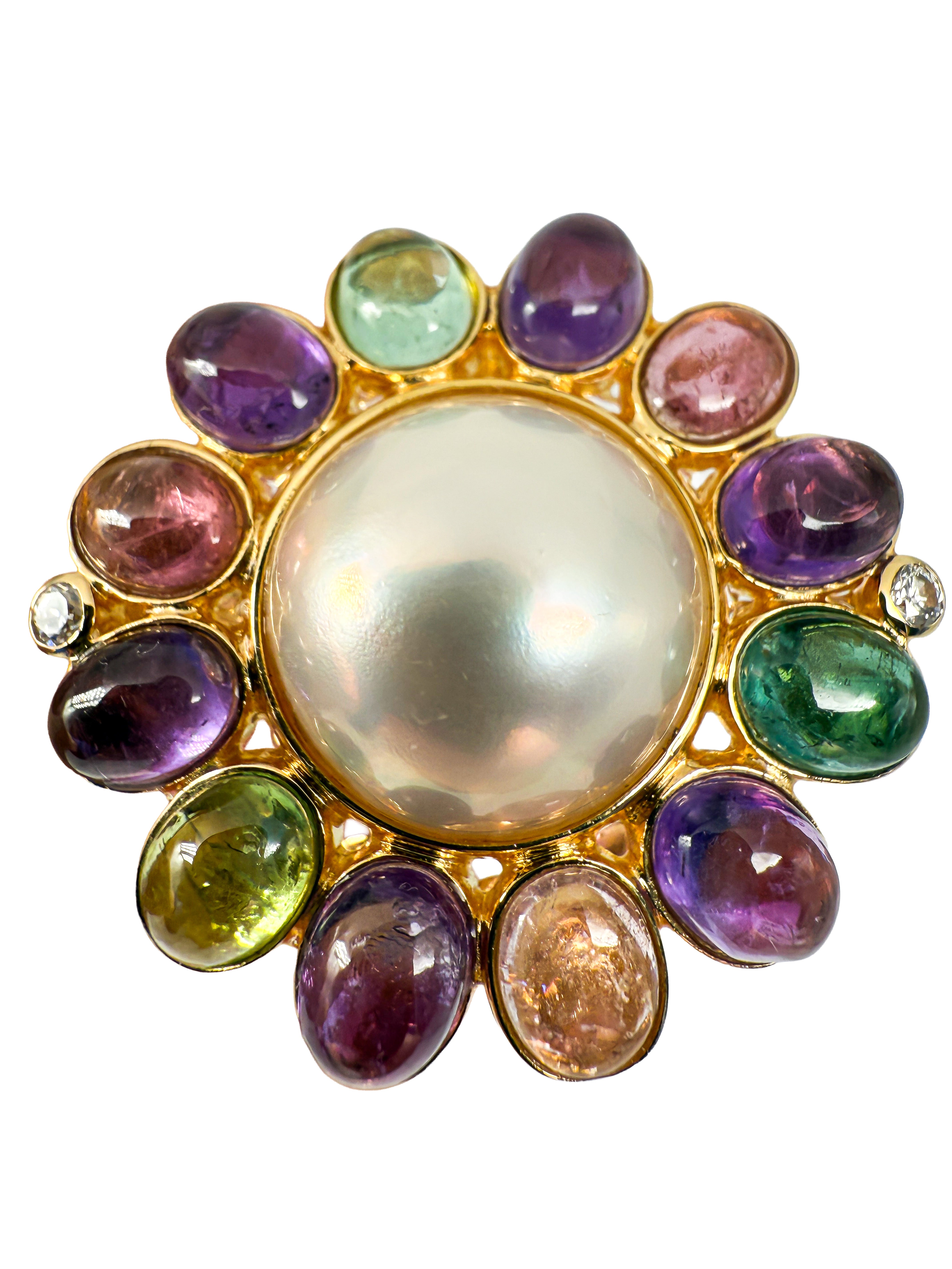 585er Gelbgold Ring mit Turmalinen, Mabe-Perle und Diamanten
