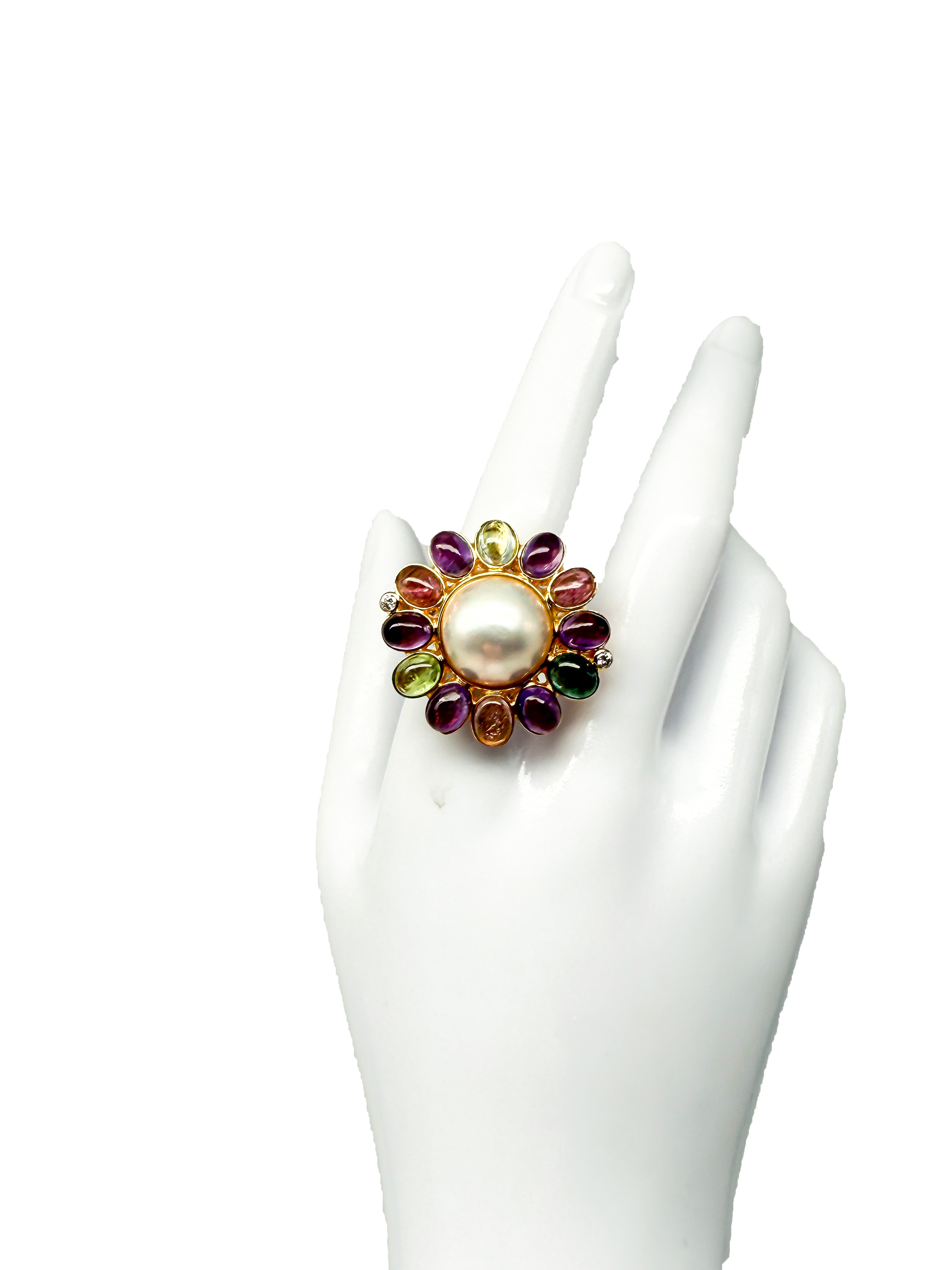 585er Gelbgold Ring mit Turmalinen, Mabe-Perle und Diamanten