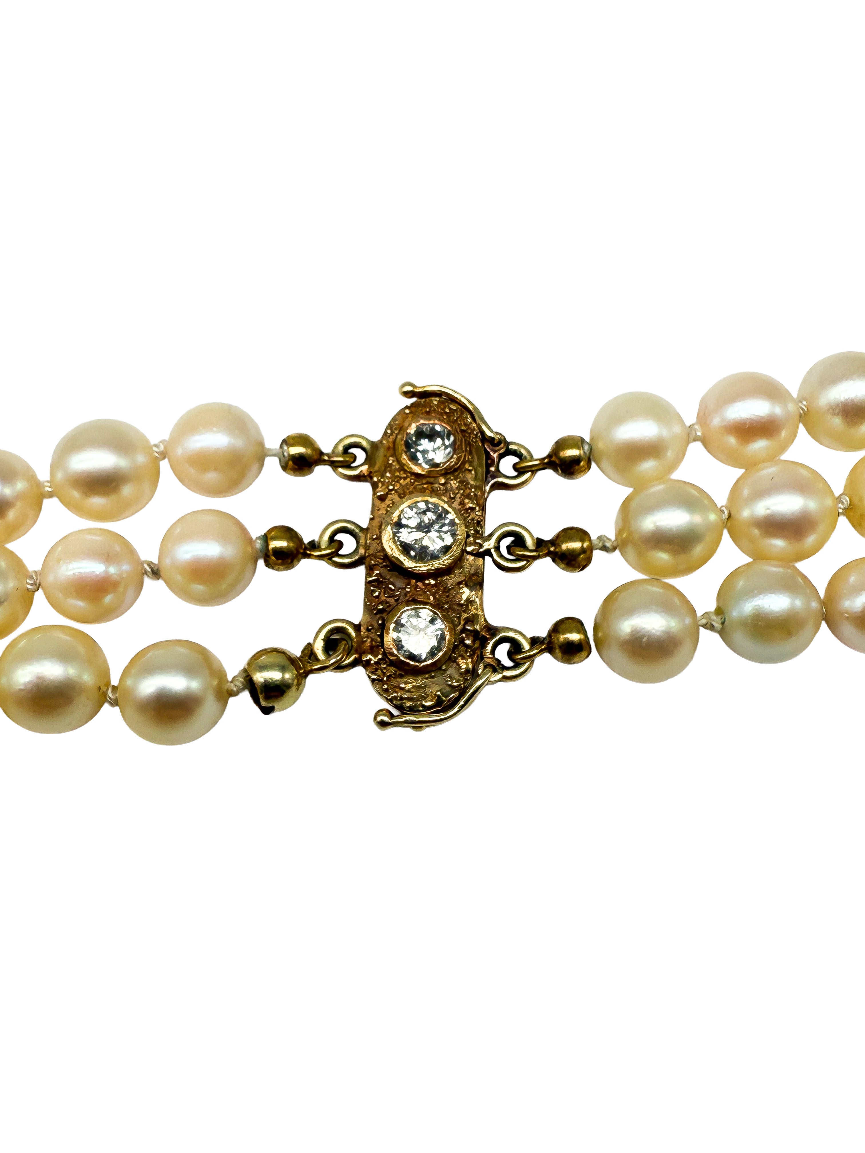 Dreifach Perlenkette abgestuft mit 585er Gelbgold Verschluss und Diamanten