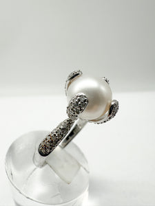 Ring und Ohrringe Set 585er Weißgold mit Perle und Diamanten