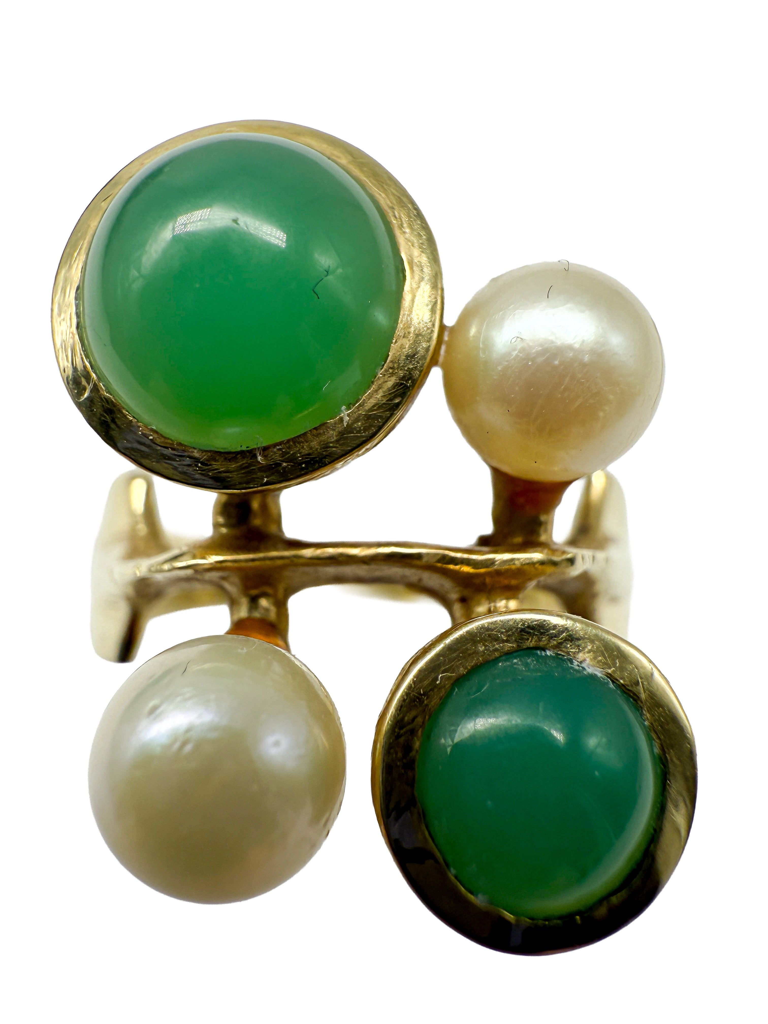 585er Gelbgold Ring mit Perlen und Jade