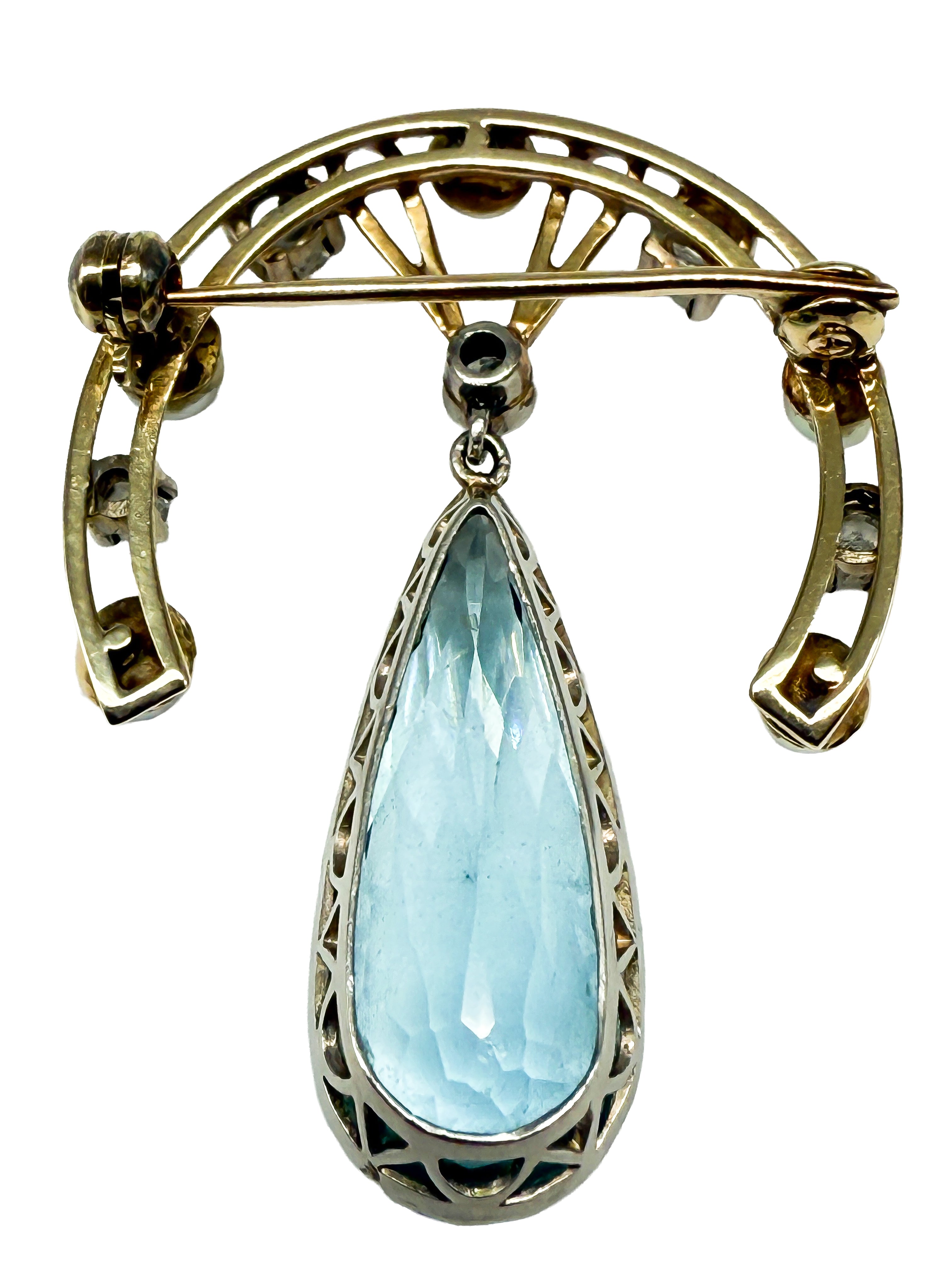 585er Gelbgold Jugendstil Brosche mit Aquamarin, Perlen und Diamanten
