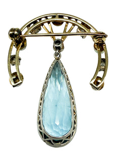 585er Gelbgold Jugendstil Brosche mit Aquamarin, Perlen und Diamanten
