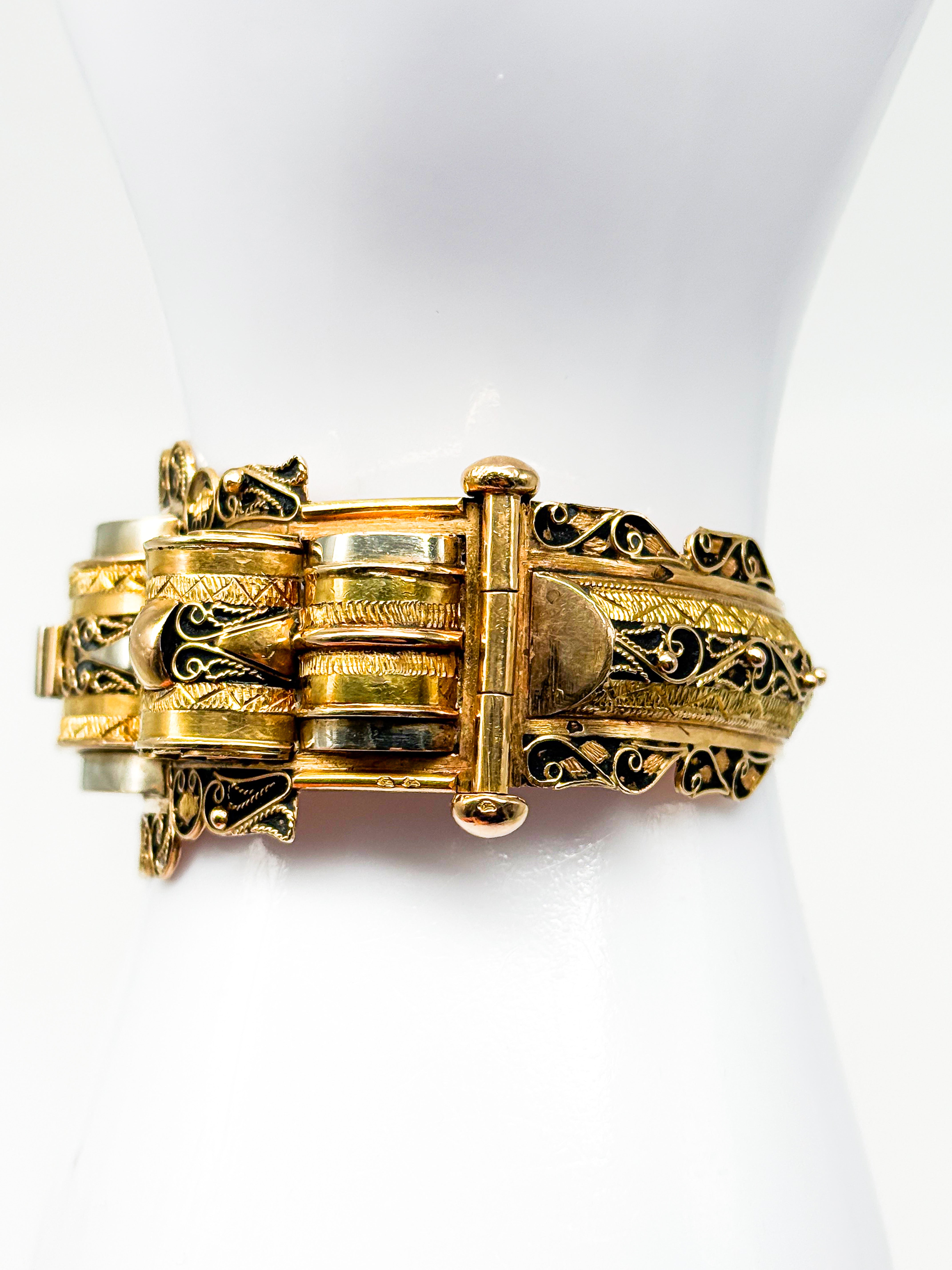 750er Gelbgold Armband, viktorianische Zeit, schwarze Email, 1850-1880