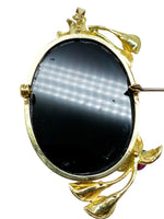 Laden Sie das Bild in den Galerie-Viewer, Kamee Brosche mit Onyx, 750er Gelbgold, Mit Samphir, Rubin und Smaragd
