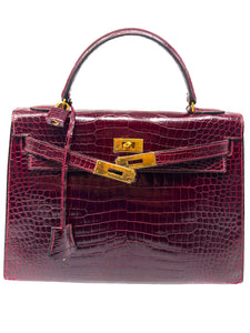 Hermes Kelly 32 Sellier Rouge H / Bordeaux hochglanz-Krokodilleder