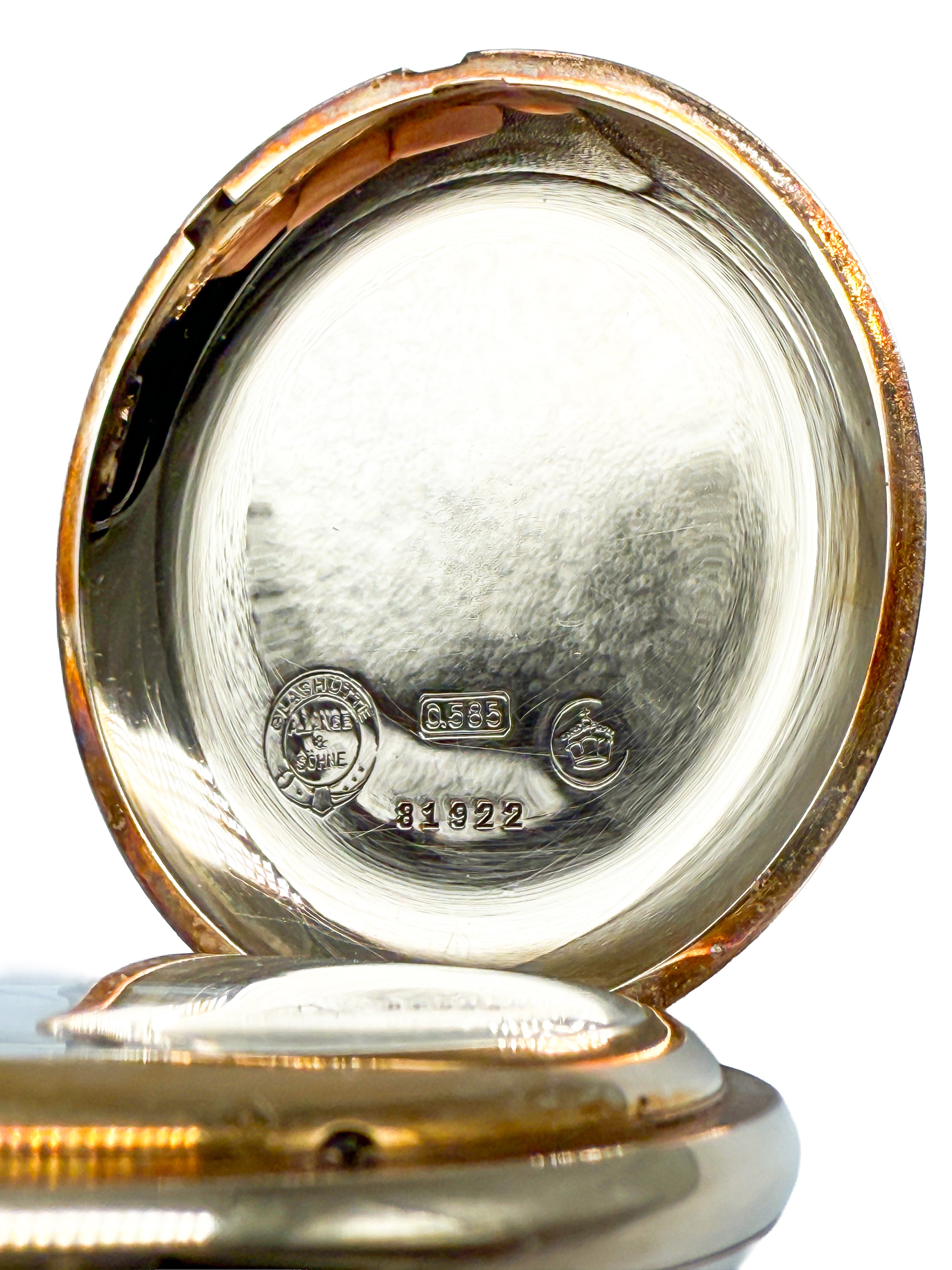 Lang & Söhne Taschenuhr Gold 14k mit Archivauszug, 1920 Verkaufsdatum