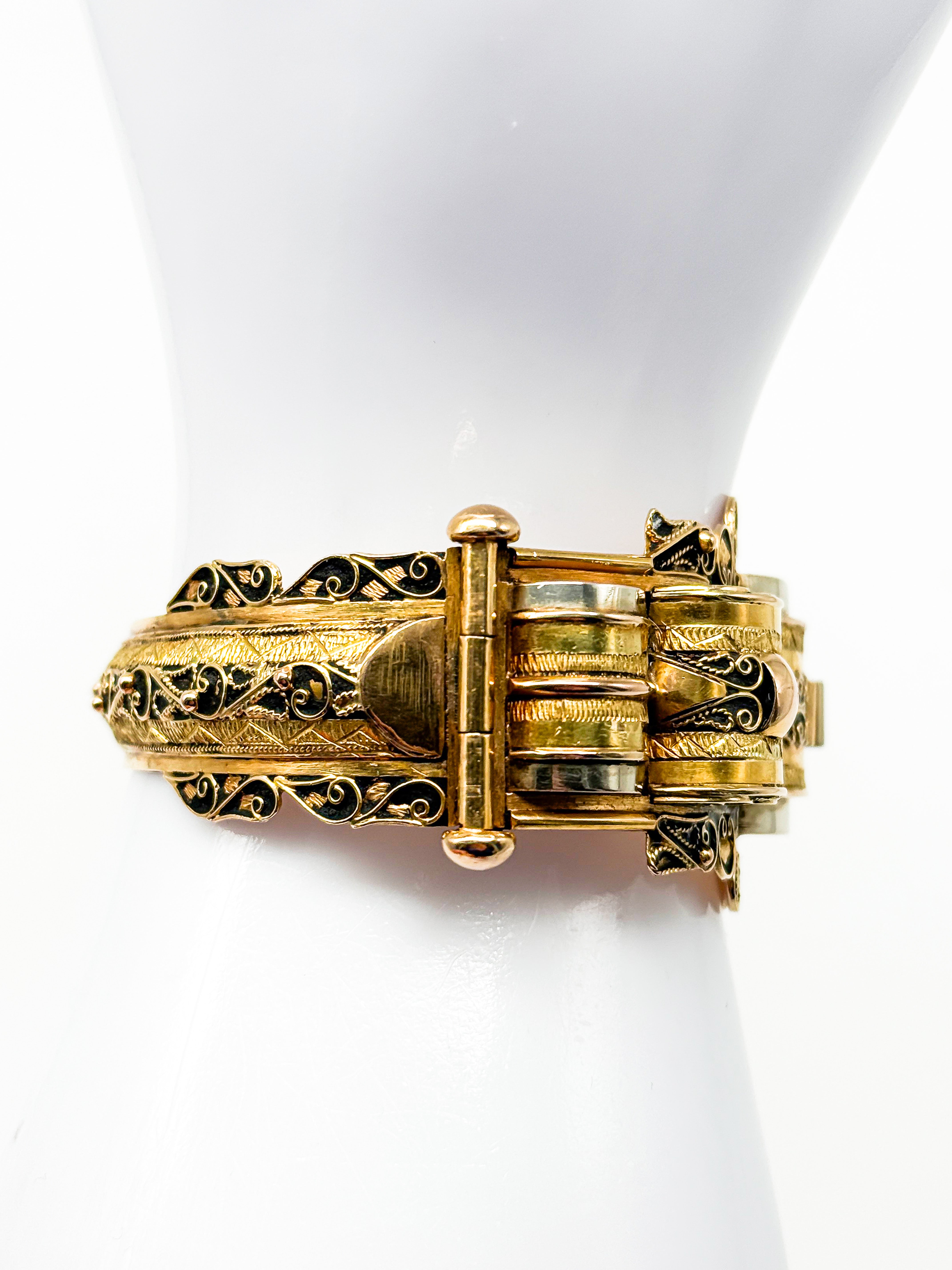 750er Gelbgold Armband, viktorianische Zeit, schwarze Email, 1850-1880