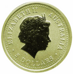 Laden Sie das Bild in den Galerie-Viewer, Australian Nugget 1/20 oz Elizabeth II 5 Dollars Goldmünze 2001
