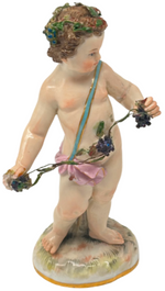 Laden Sie das Bild in den Galerie-Viewer, Meissen Porzellanfigur Putto mit Weinlaub 1. Wahl
