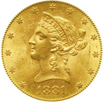 Laden Sie das Bild in den Galerie-Viewer, 10 $ Liberty Head 1881 S Goldmünze (San Francisco)
