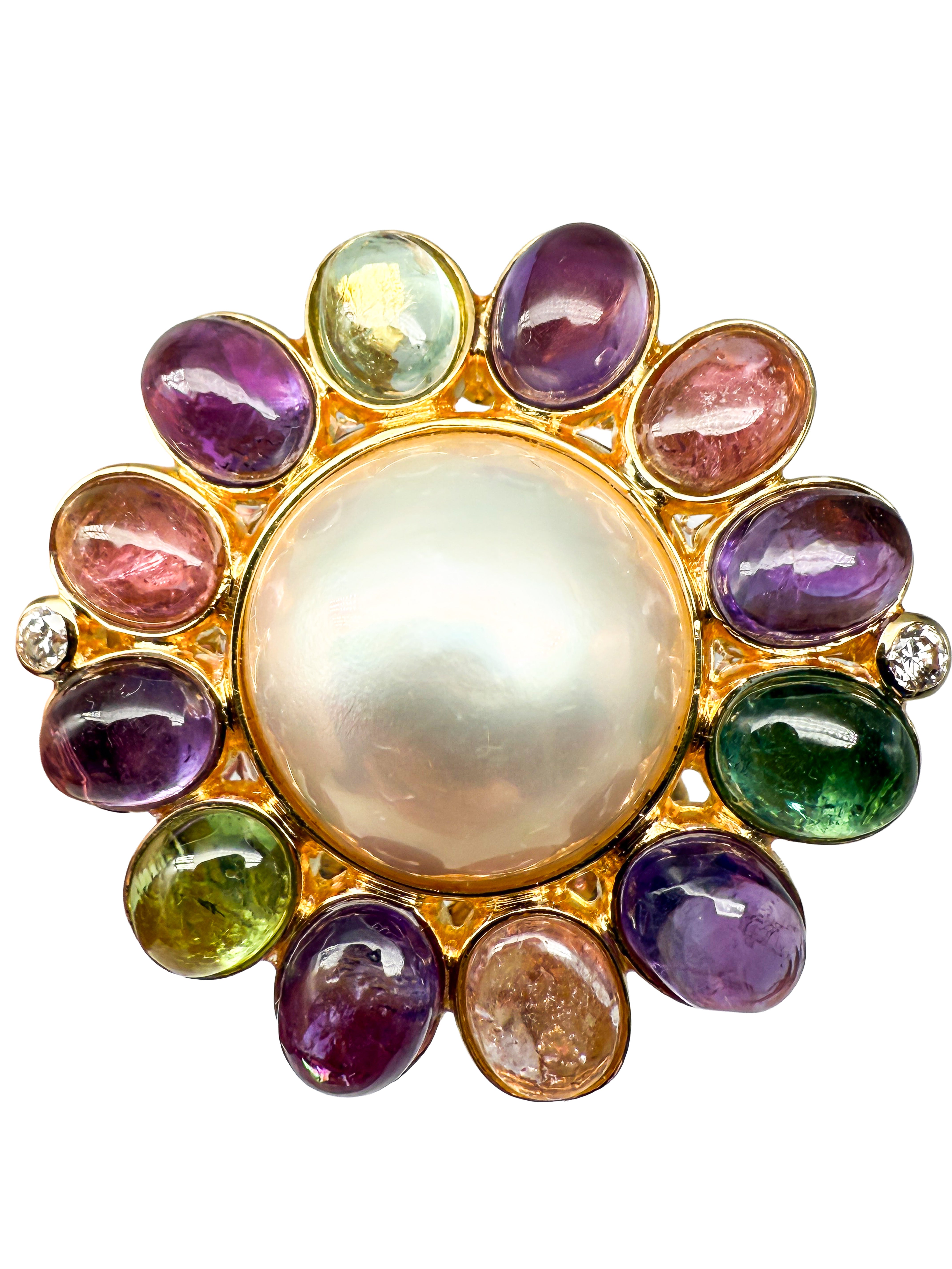 585er Gelbgold Ring mit Turmalinen, Mabe-Perle und Diamanten