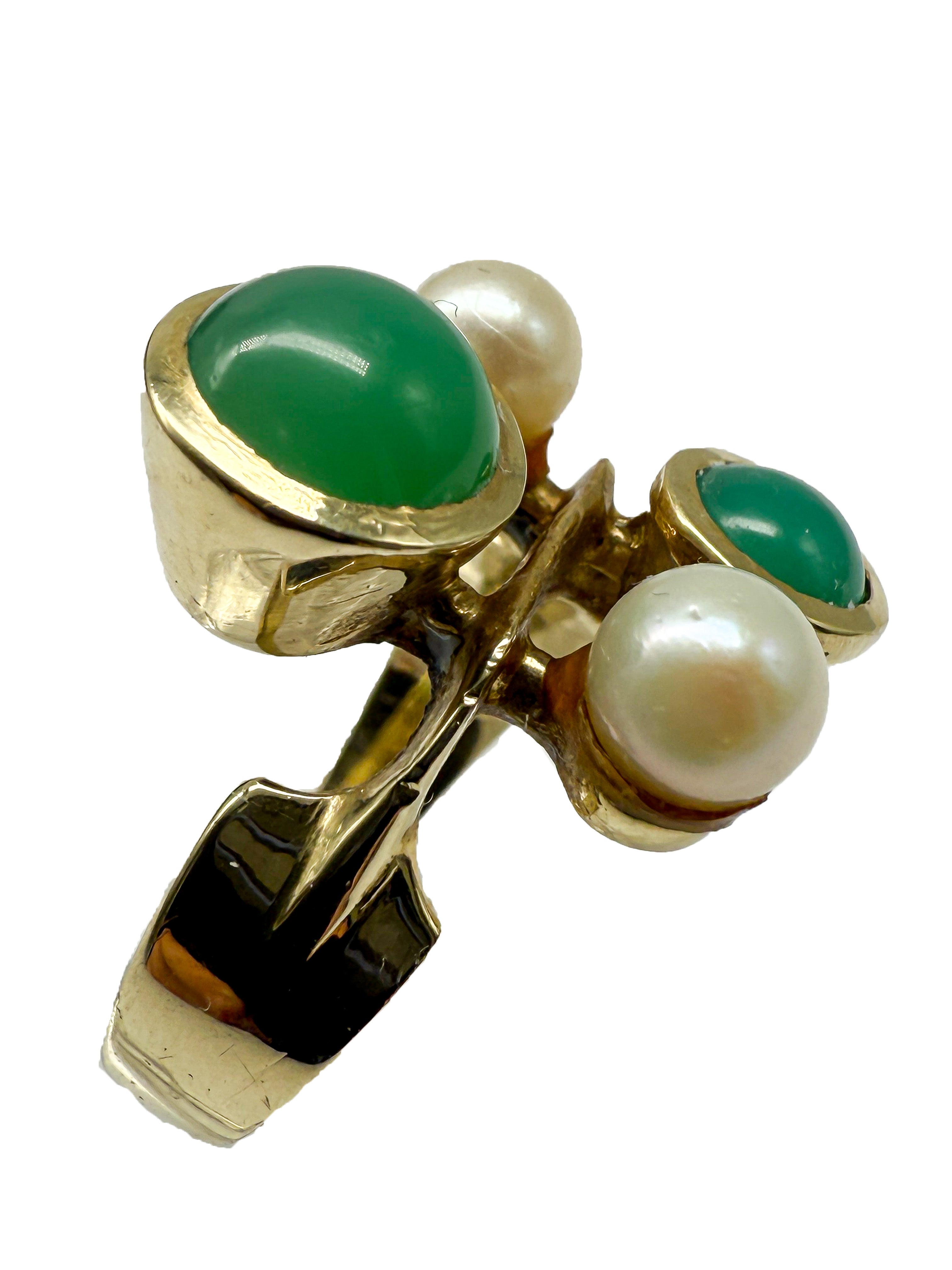 585er Gelbgold Ring mit Perlen und Jade