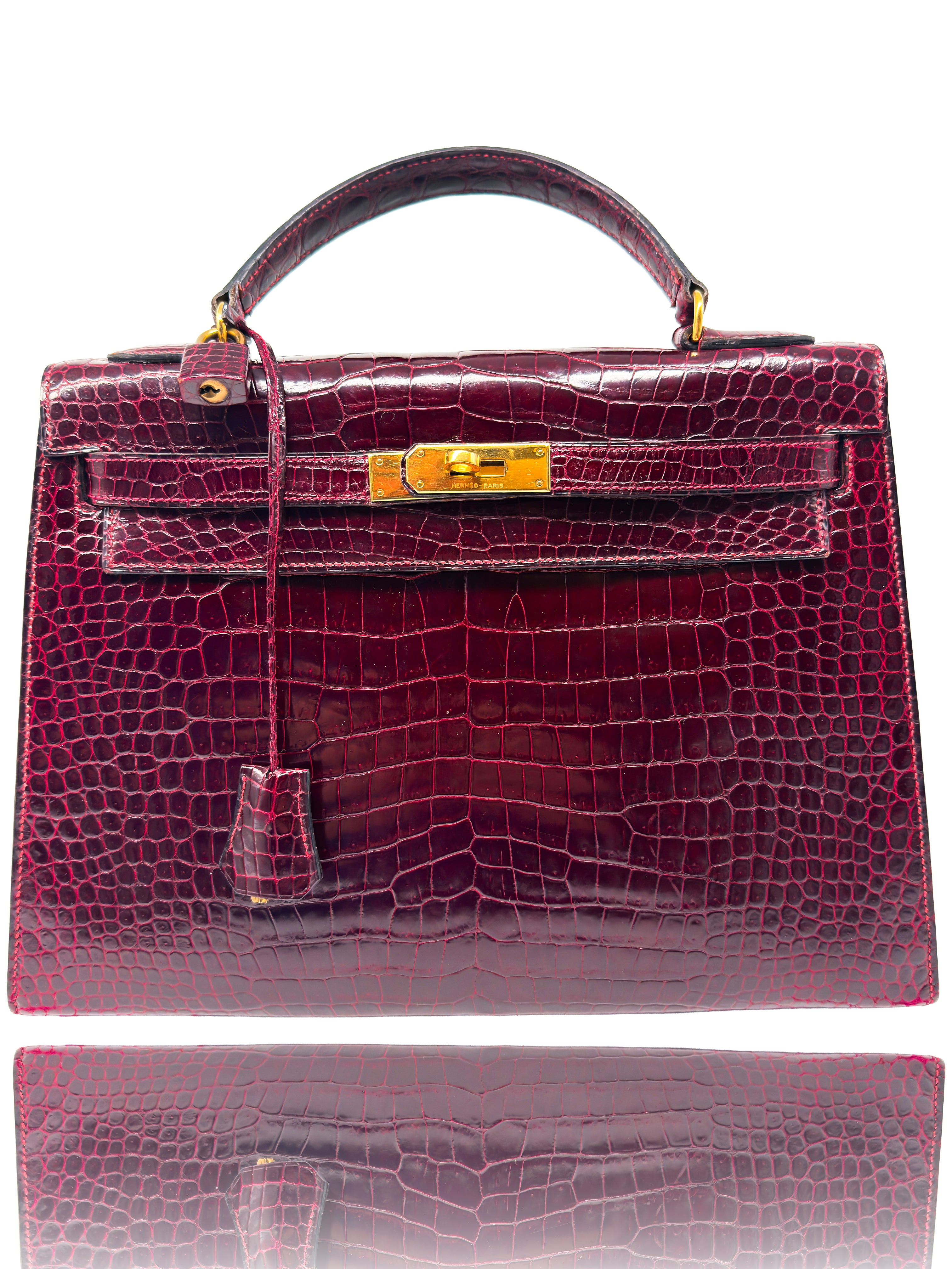 Hermes Kelly 32 Sellier Rouge H / Bordeaux hochglanz-Krokodilleder