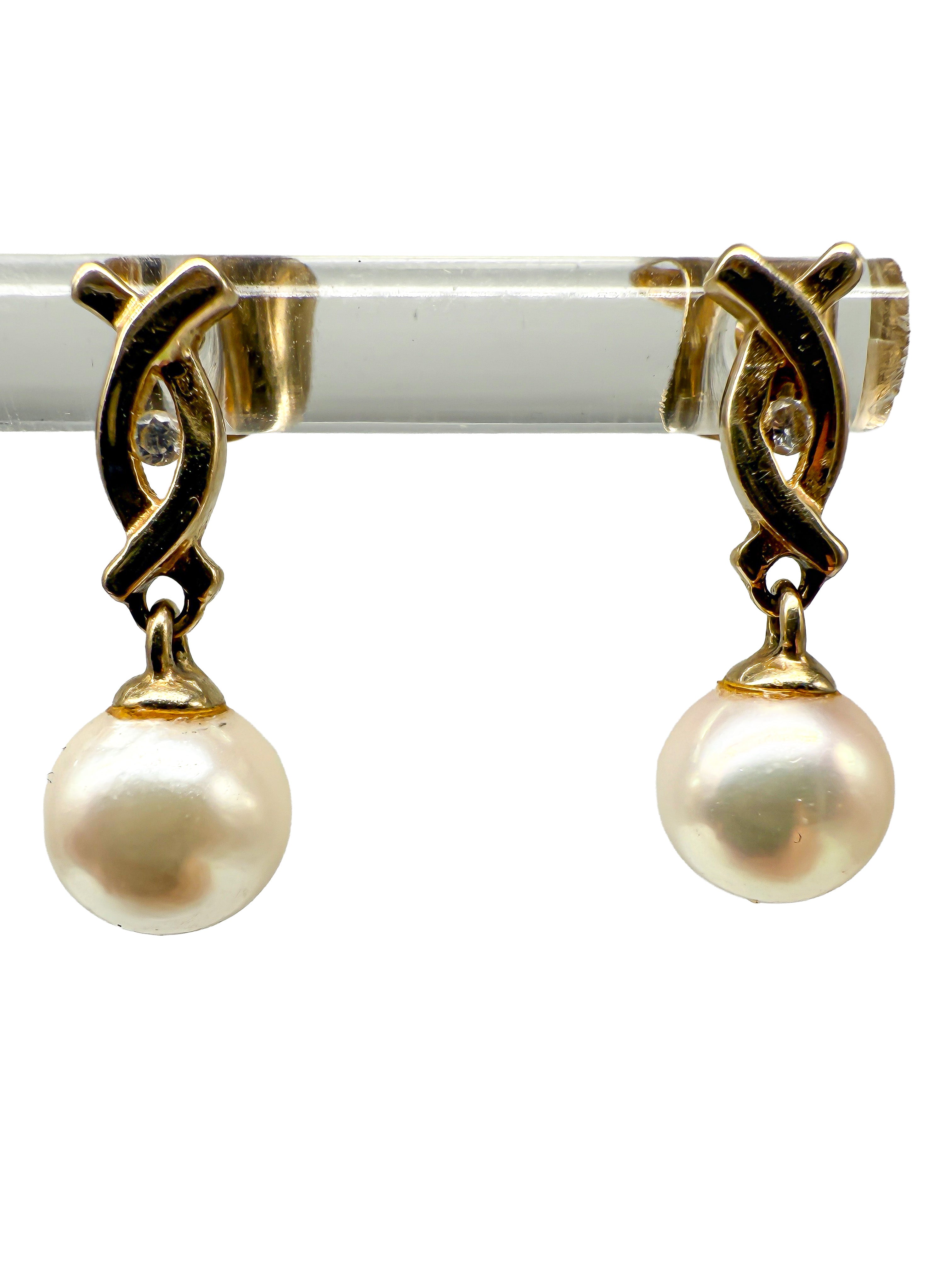 585er Gelbgold Ohrringe mit Perlen und kleinen Diamanten