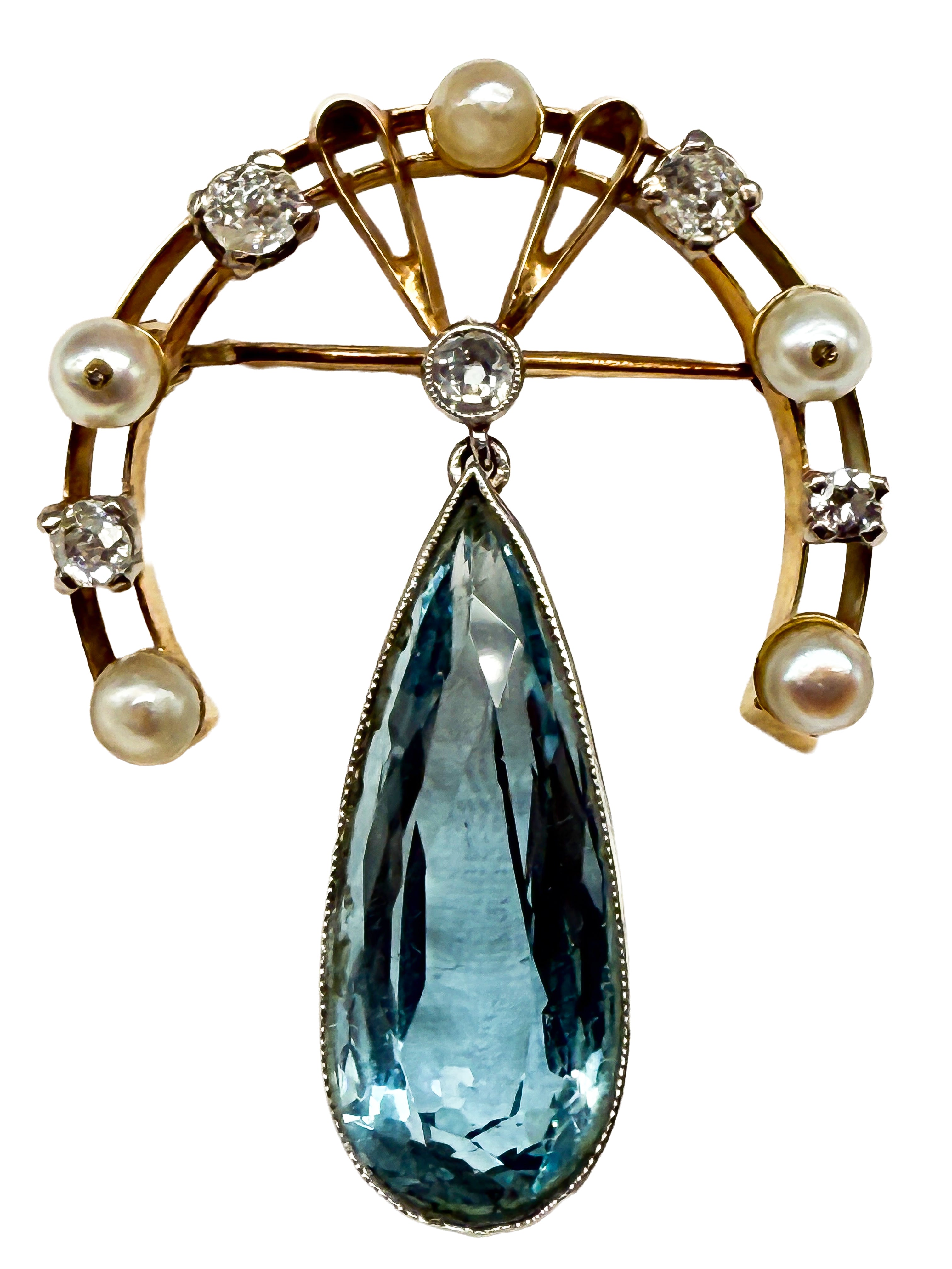 585er Gelbgold Jugendstil Brosche mit Aquamarin, Perlen und Diamanten