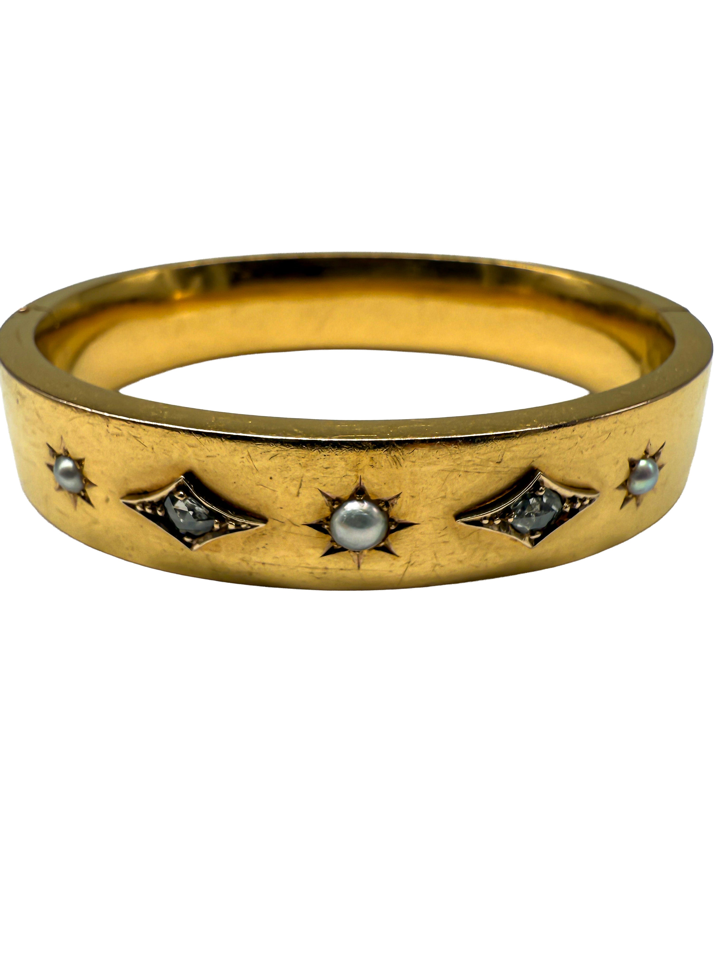 Historismus, Gelbgoldarmreif 23K mit Diamanten und Perlen