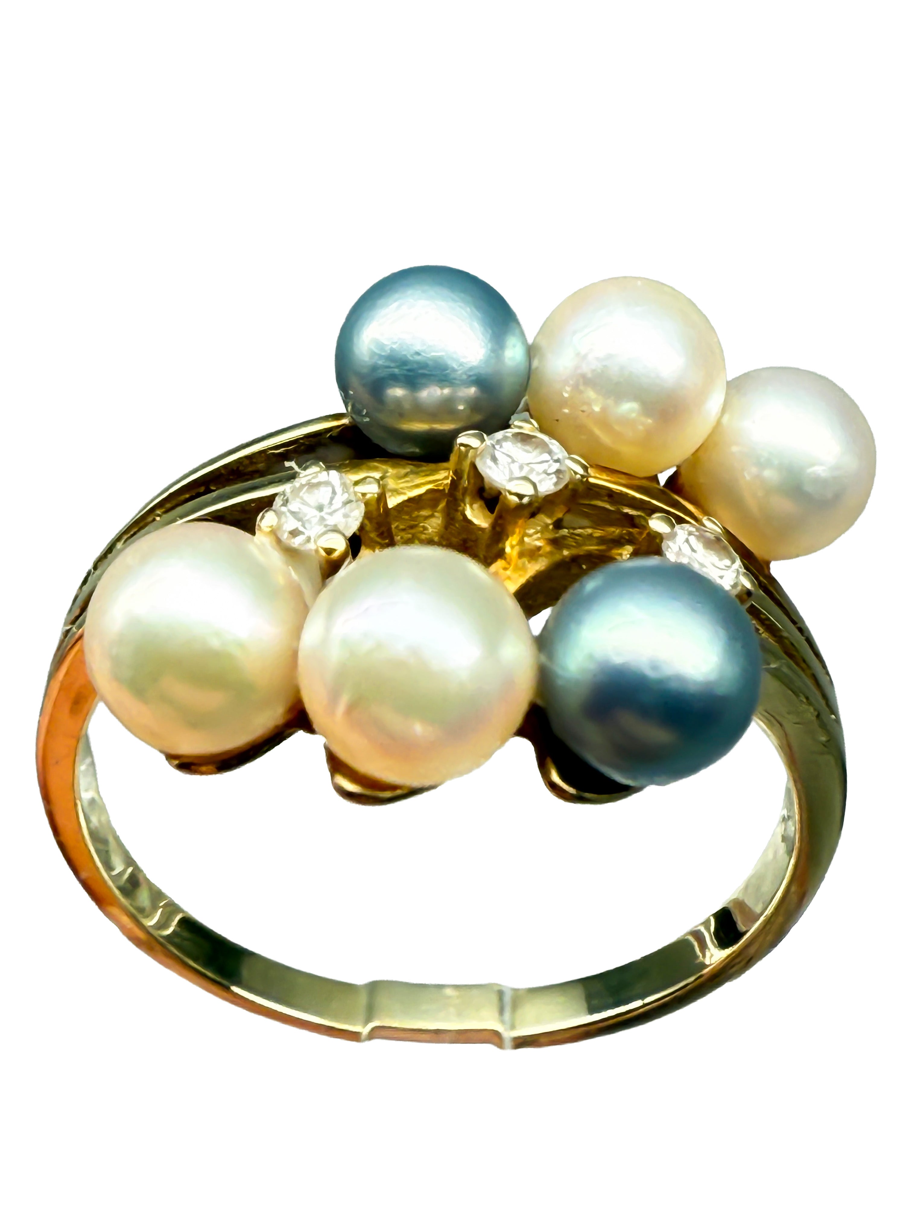 585er Gelbgold Ring mit Perlen und Diamanten