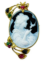Laden Sie das Bild in den Galerie-Viewer, Kamee Brosche mit Onyx, 750er Gelbgold, Mit Samphir, Rubin und Smaragd
