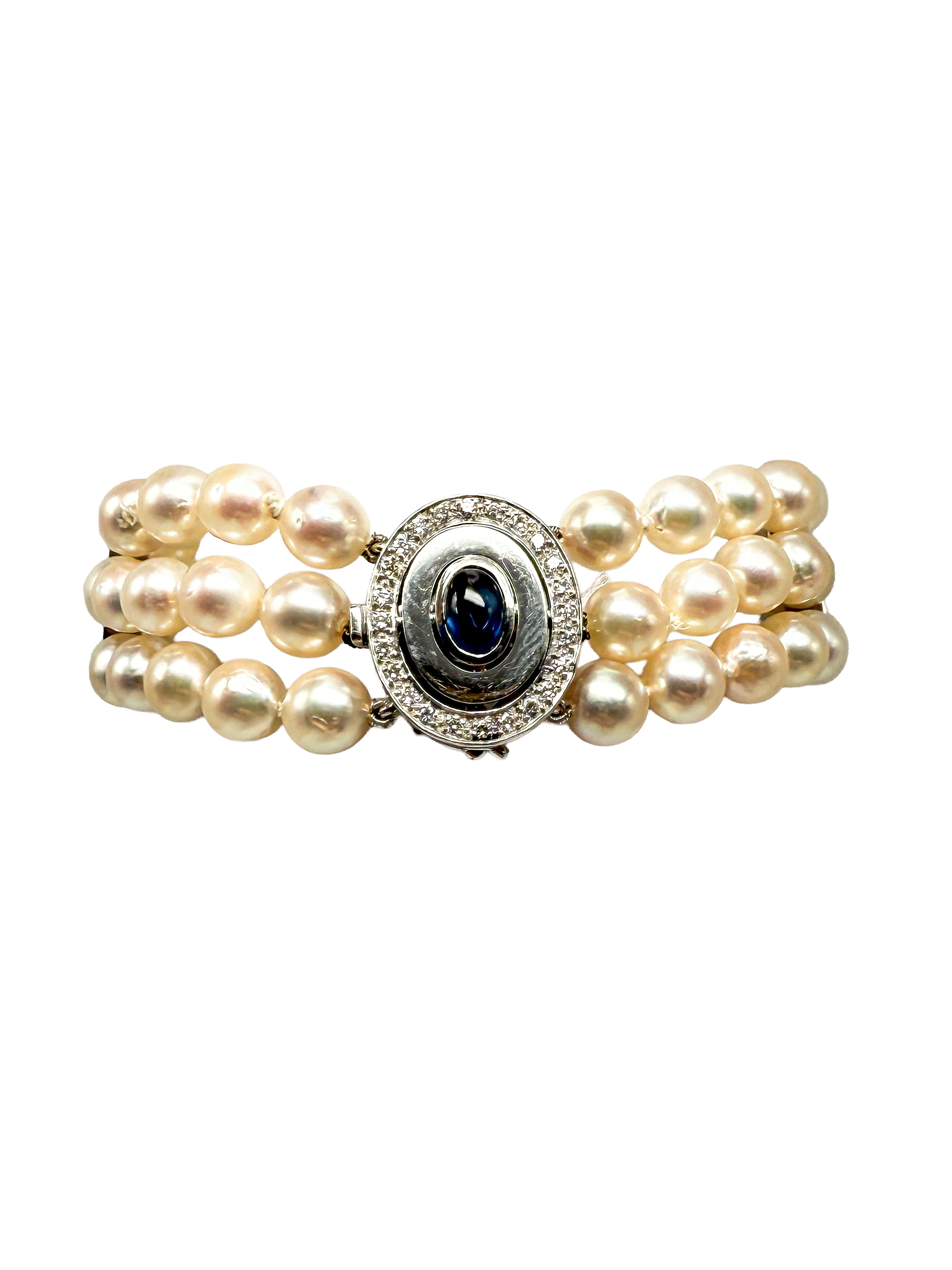 750er Weißgold; Armband mit Saphir, Diamanten und Perlen