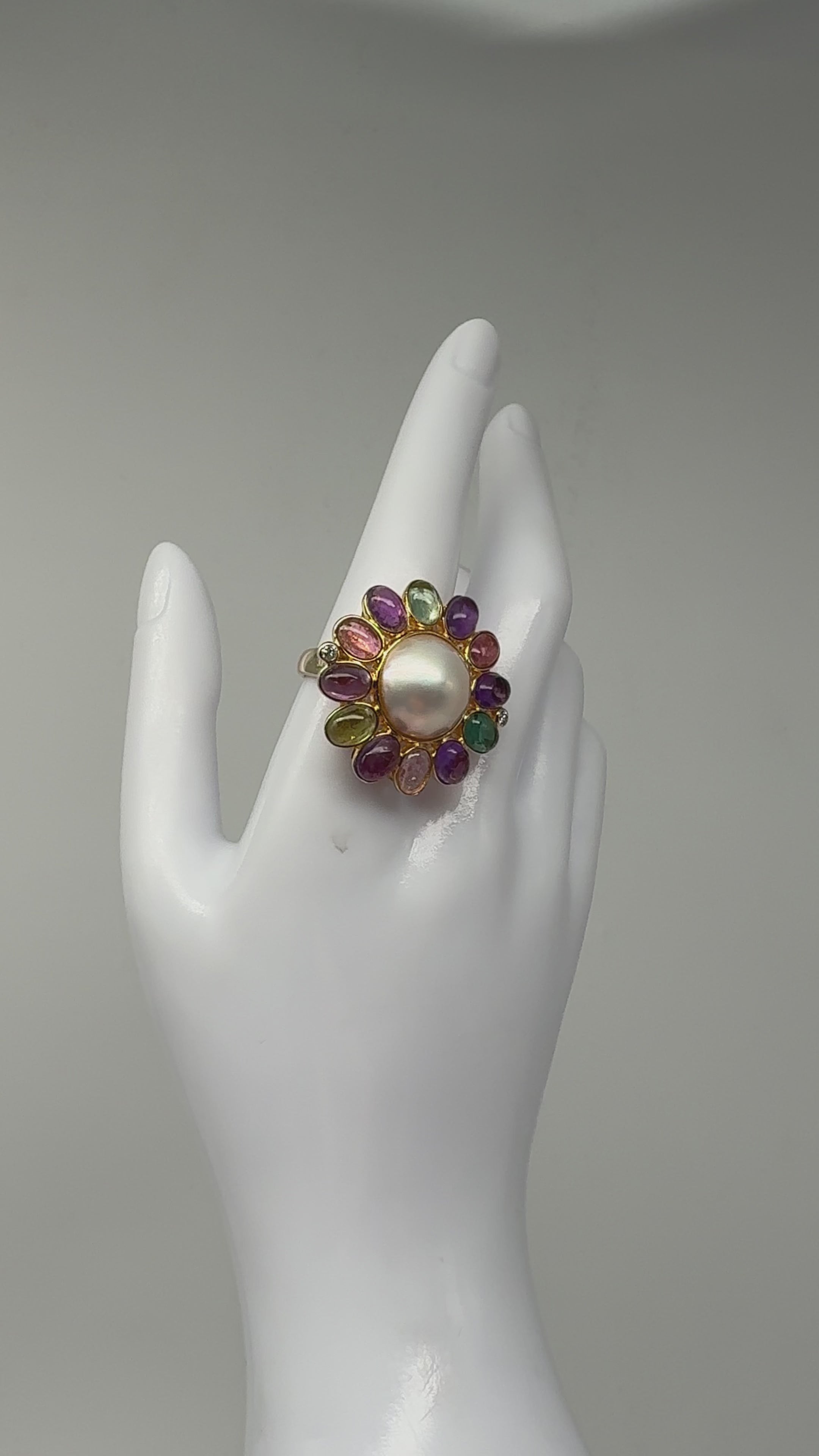 585er Gelbgold Ring mit Turmalinen, Mabe-Perle und Diamanten