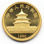 Laden Sie das Bild in den Galerie-Viewer, 1/20 oz 5 Yuan Goldmünze Panda 1990 in Originalfolie
