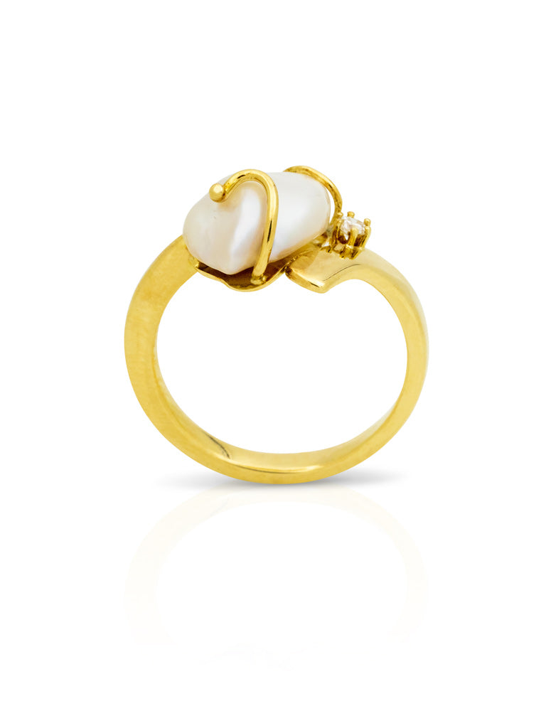 14k Gelbgold Ring mit Perle & Diamant